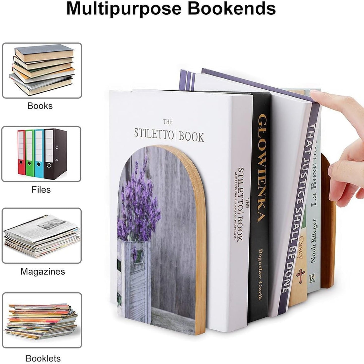Purple Lavender Flower Wooden Bookend Non-Slip Book Ends Heavy Duty Book Stopper with Metal Base Books Holderd Decorative Bookends Stands Firmly for Office Supplies