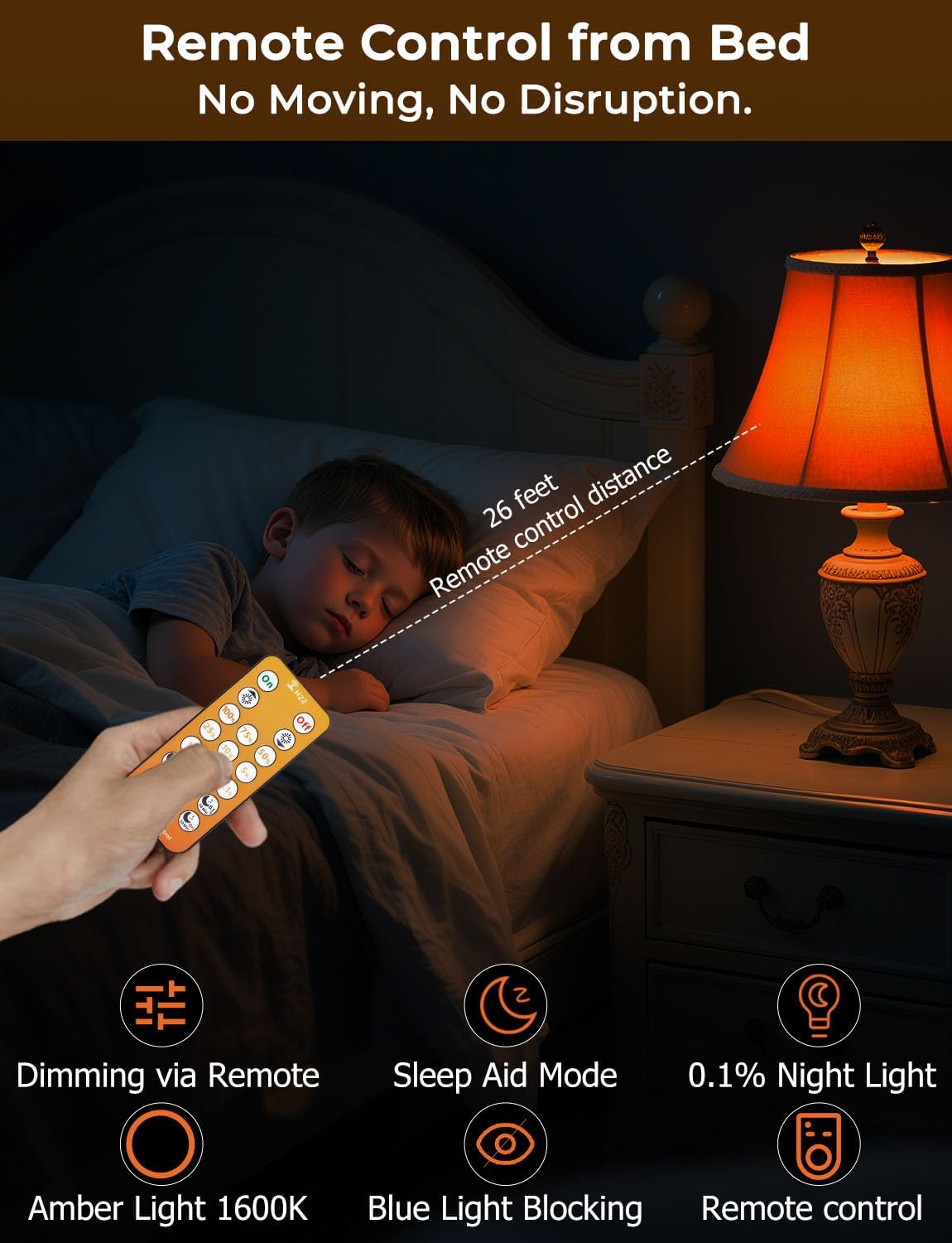 Amber Sleep Light Bulbs 1600K with Remote Control, E26 Blue Light Blocking A19, 9W for Sleep Therapy, Baby Nursery, Bedroom (4 Packs)