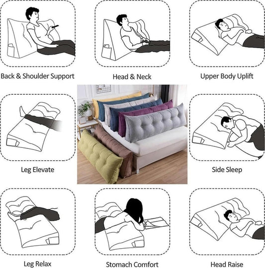 Triangular Headboard Pillow for Rest Reading, Triangular Wedge Lumbar Pillow Backrest Support Cushion Bed/Sofa Large Reading Pillow for Sitting Up in Bed Rest with Removable Cover, Beige Grey