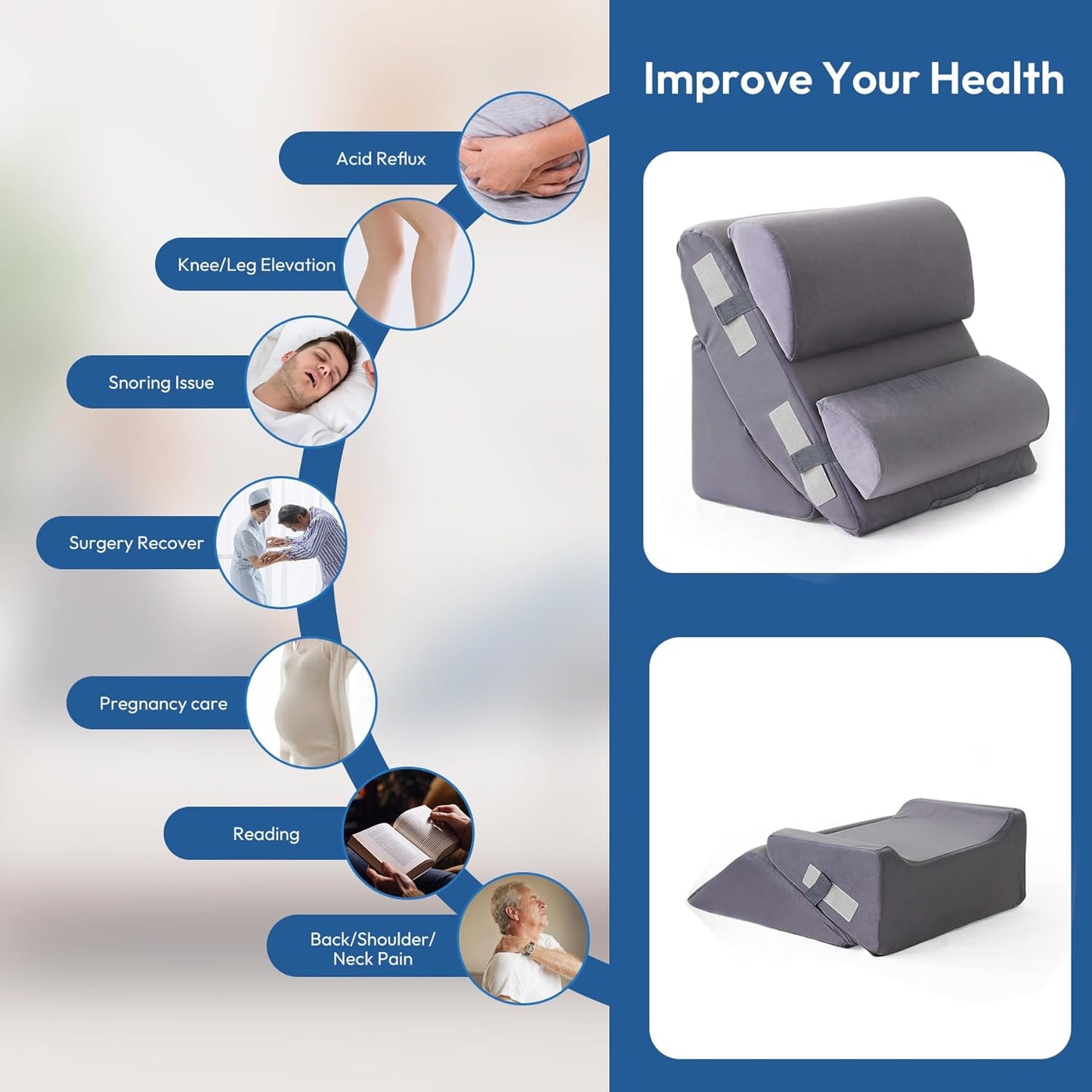 6PCS Wedge Pillow Set for After Surgery, Back Pillow for Bed Sitting Up, Orthopedic Bed Wedge for Body, Leg Pain Relief, Memory Foam Pillow for Post Surgery, Sleeping, Acid Reflux, Plush Grey