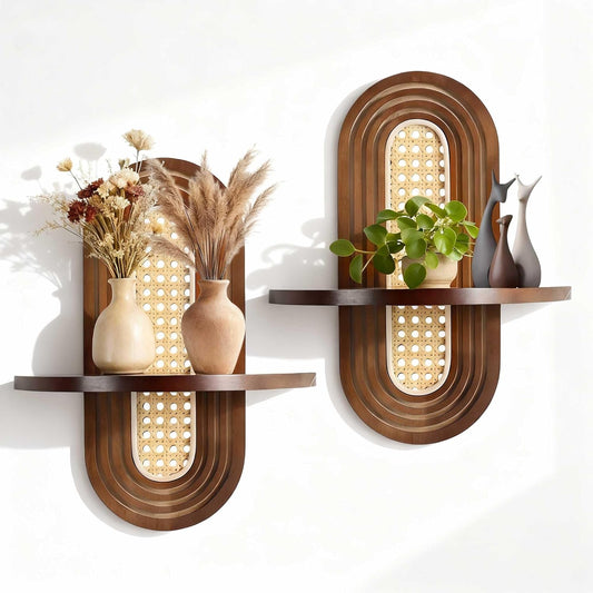 2 Pcs Wooden Arched Floating Shelf, Natural Wood Floating Shelves for Wall, Boho Rattan Wall-Mounted Shelf for Bedroom, Living Room, Nursery and Home Office, Decorative Book and Plant Display