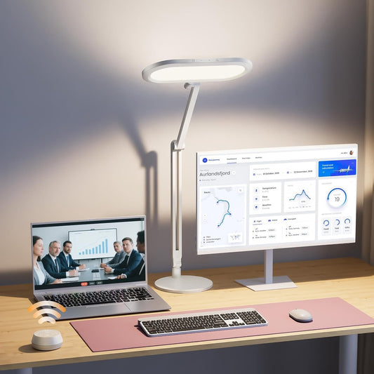 LED Desk Lamp for Home Office – Professional Double-Sided Lighting, Eye-Caring Computer Lamp with Knob Remote, Stepless Dimming & Color, Memory, for Zoom, Studying, Streaming & Video Conference, White