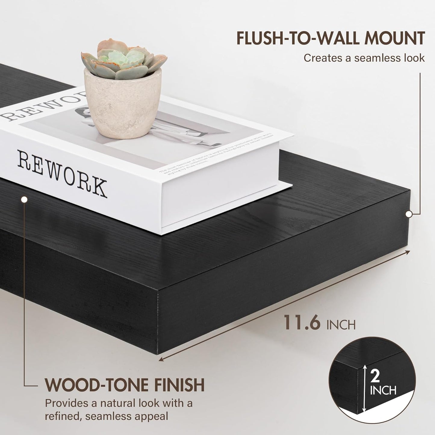 36 Inch Floating Shelves, 12" Deep Floating Shelf Wall Mounted, 36" Wall Shelves, Rustic Deep Bookshelf, Extra Deeper & Thicker Display Shelves for Bedroom, Living Room, Black, Set of 2