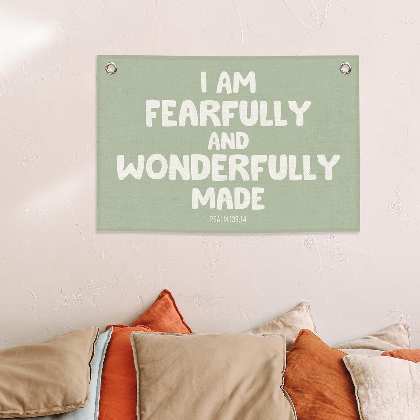 Christian Inspirational Kids Banner Canvas, Bible Verse I'm Fearfully Made Toddler Room Decor, Sage Green Hanging Flag Sign, Nursery Wall Tapestry Art for Playroom Bedroom Classroom 20x30in