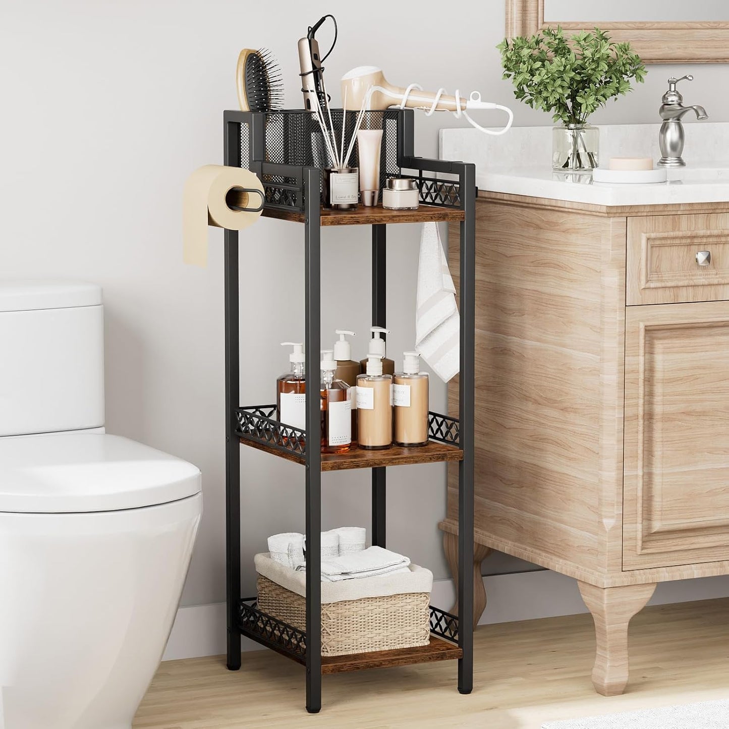 Bathroom Storage and Organizer Shelf Hair Dryer Holder, 9.85in 3-Tier Narrow Metal Standing Rack with Toilet Paper Holder, Corner Stand for Cosmetic, Vanity, Kitchen, Laundry Rustic Brown