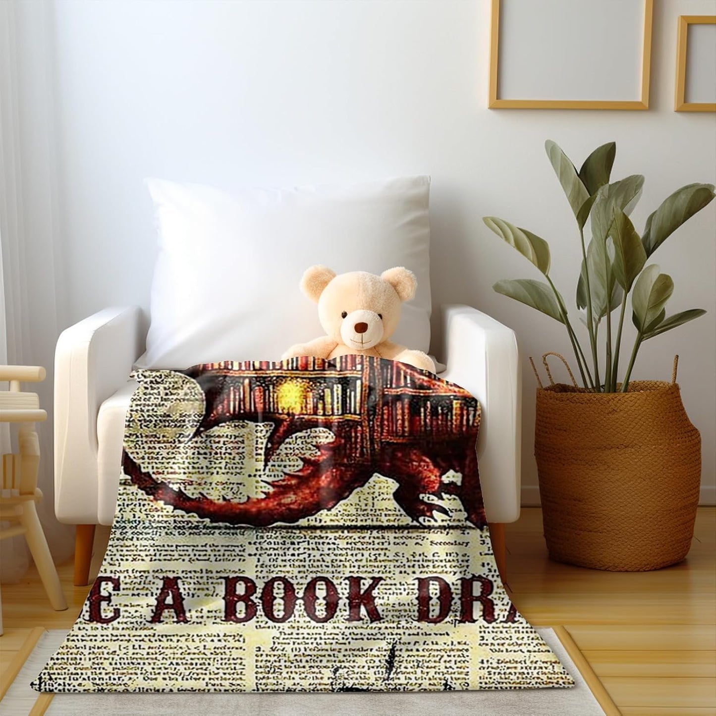Book Dragon Fleece Blanket Cozy Throw for Book Lovers, Vintage Dragon Design on Text Background, Warm and Soft Reading Blanket for Home, Couch, or Bed (L80 xW60)