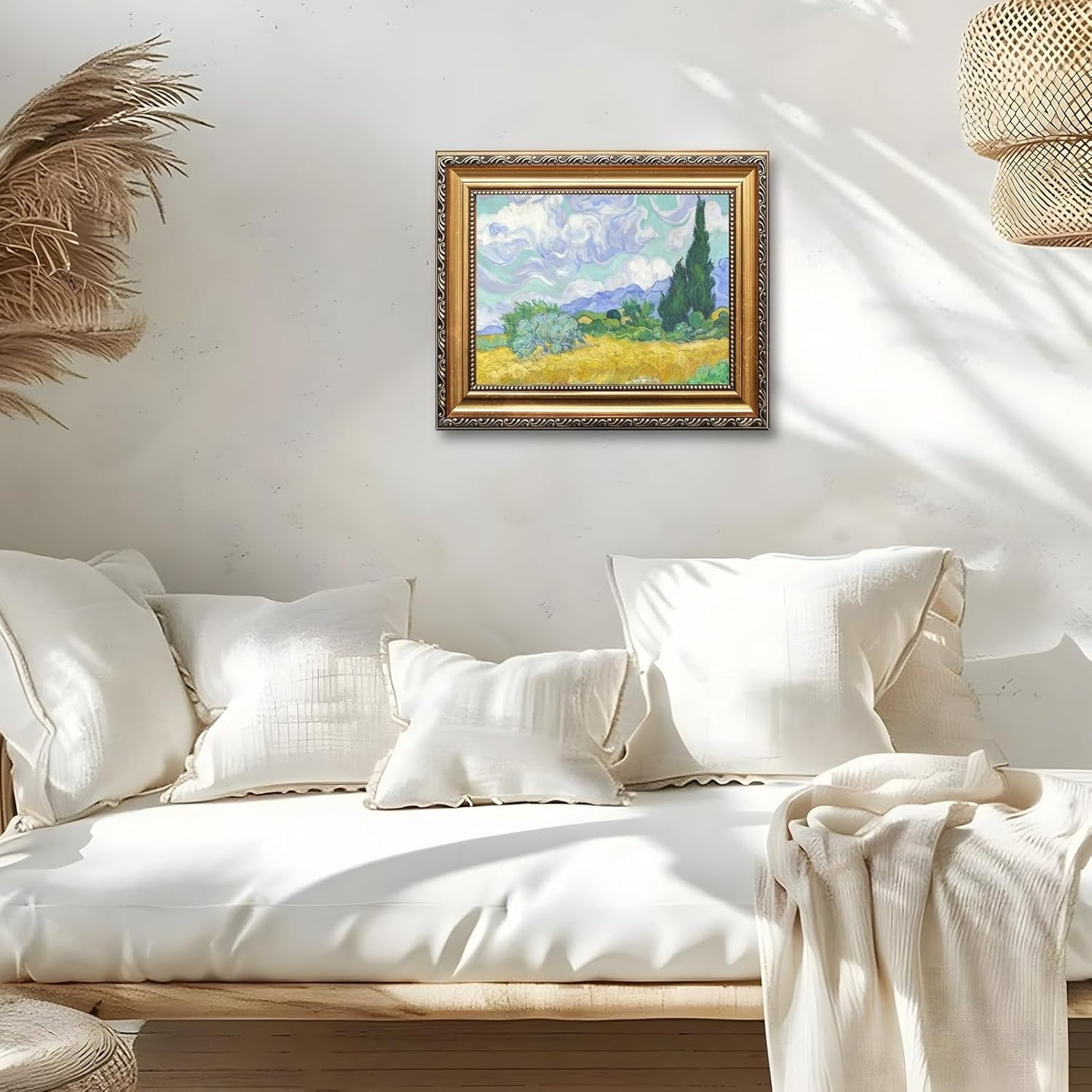 Gold Framed Wheat Field with Cypresses by Vincent Van Gogh Canvas Wall Art Classic Flower Oil Painting Reproduction Poster Famous Artwork Landscape Painting Pictures for Home Decor 12x16inch