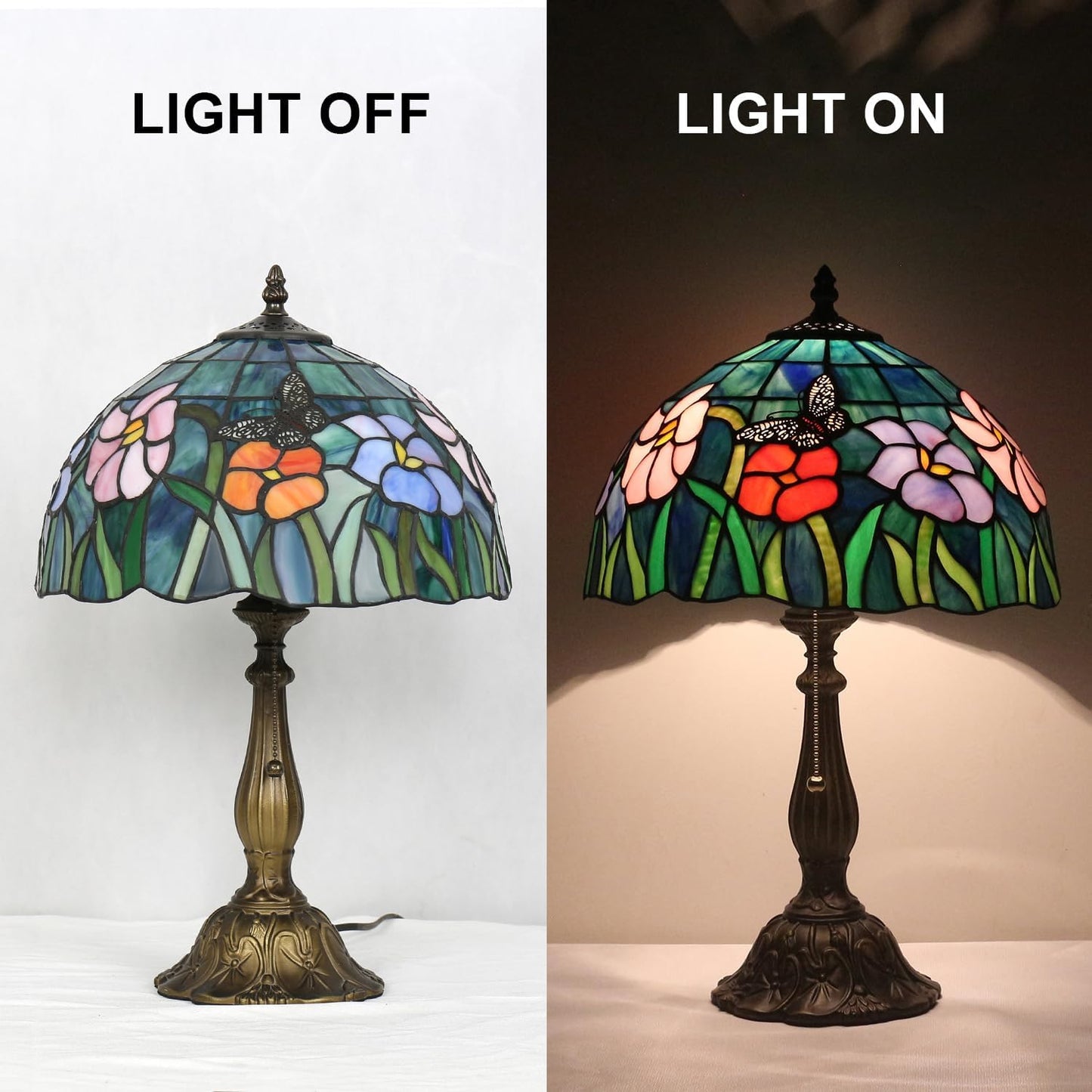 Tiffany Style Table Lamp,Butterfly Flower Table Lamp,12X12X19 Inch Tiffany Reading Light, Stained Glass Desk Decor Lamp.