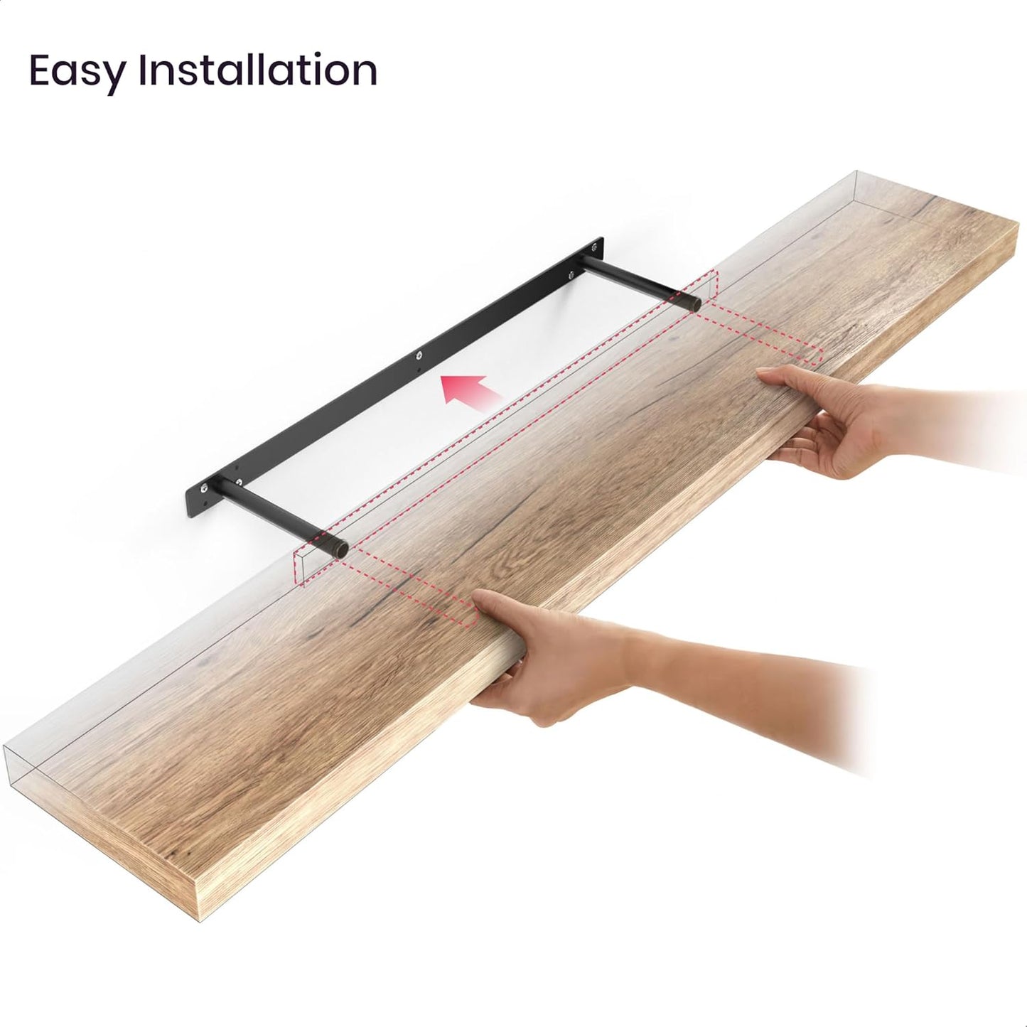 Ballucci Floating Shelf, 48" Wood Wall Shelf with Invisible Brackets for Bathroom, Living Room, Bedroom, Kitchen, Nursery, 8" Deep, Oak Finish