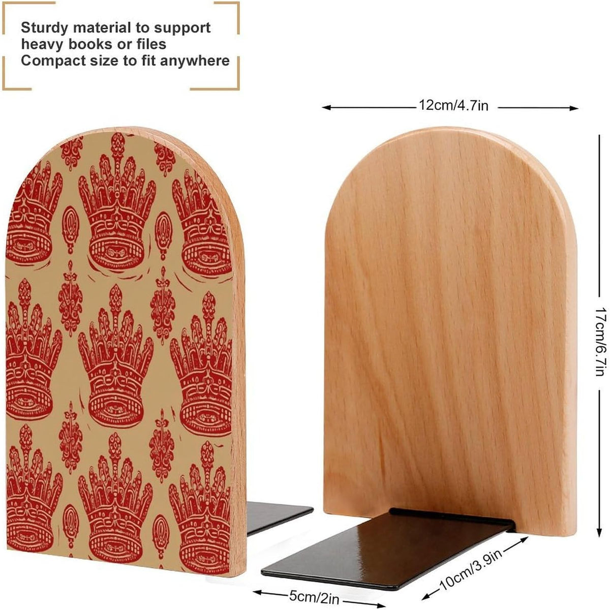 Red Crown Wooden Bookend Non-Slip Book Ends Heavy Duty Book Stopper with Metal Base Books Holderd Decorative Bookends Stands Firmly for Office Supplies