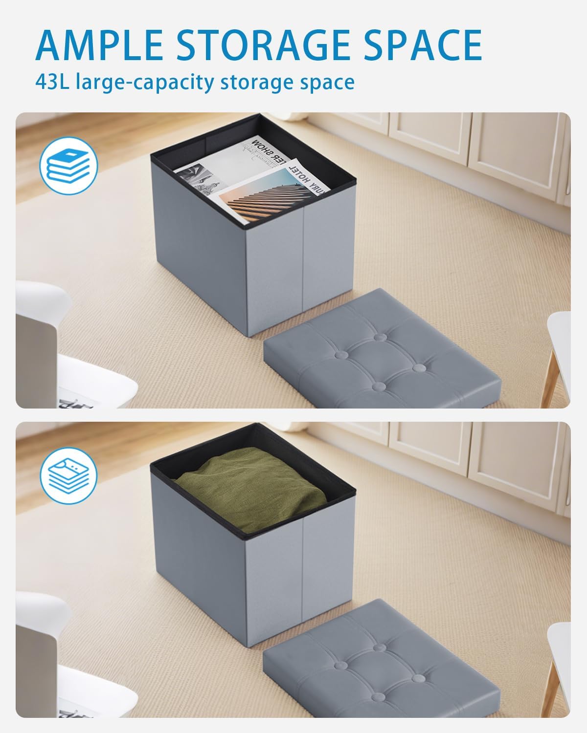 Storage Ottoman Foot Stool, 17 inches Folding Ottoman with Storages, Velvet Storage Bench with Side Pocket, Foot Rest for Living Room, Bedroom (Grey)
