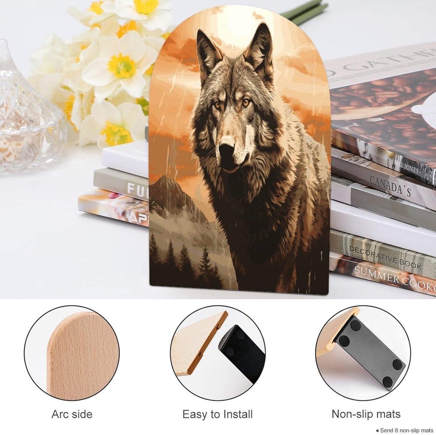 Wolf in The Sun Bookend for Shelves Wooden Book End Large Size Sturdy Book Holders Stoppers with Metal Base for Bookshelves Slick Decorative Bookends Stands