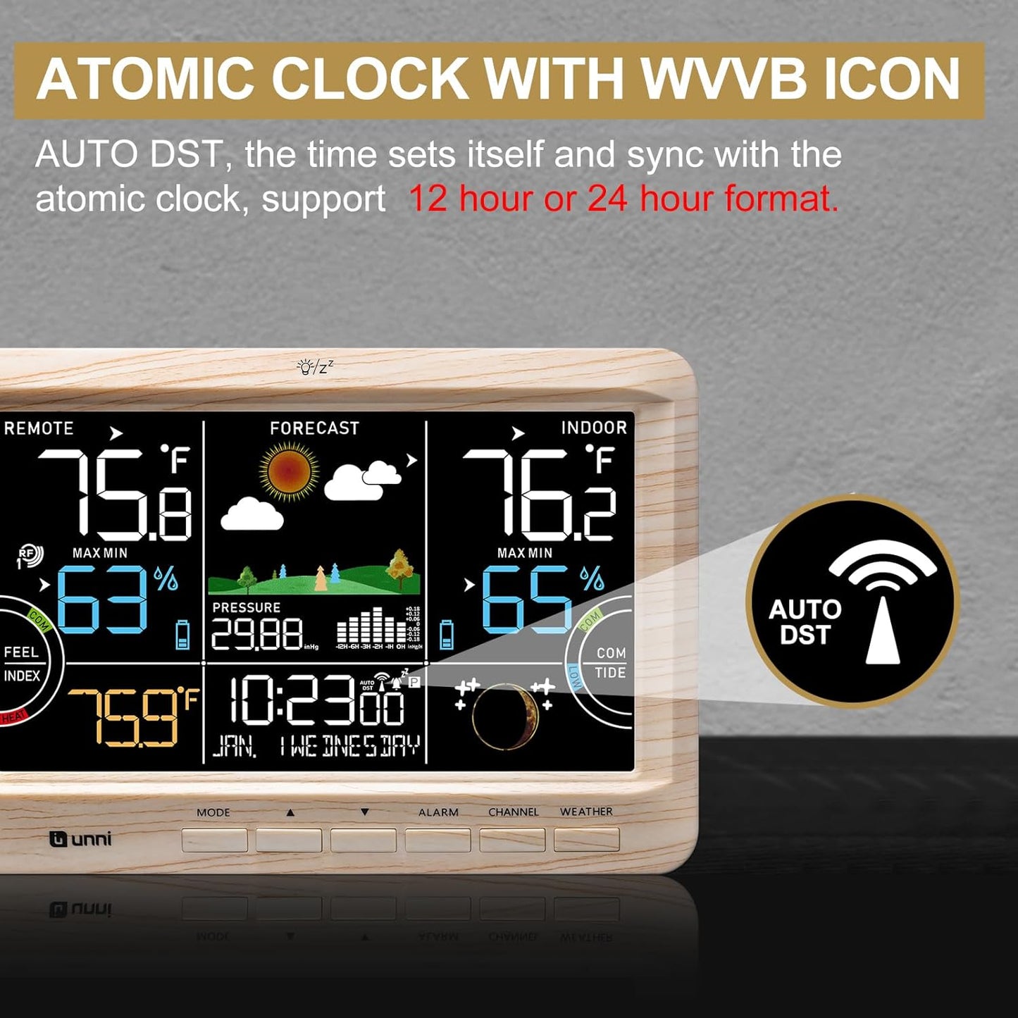 Weather Station Indoor Outdoor Thermometer Wireless, Home Atomic Clock with Large Constant Display, Inside Outside Temperature Humidity Monitor, Dew Heat Point, Barometer (WOOD01)