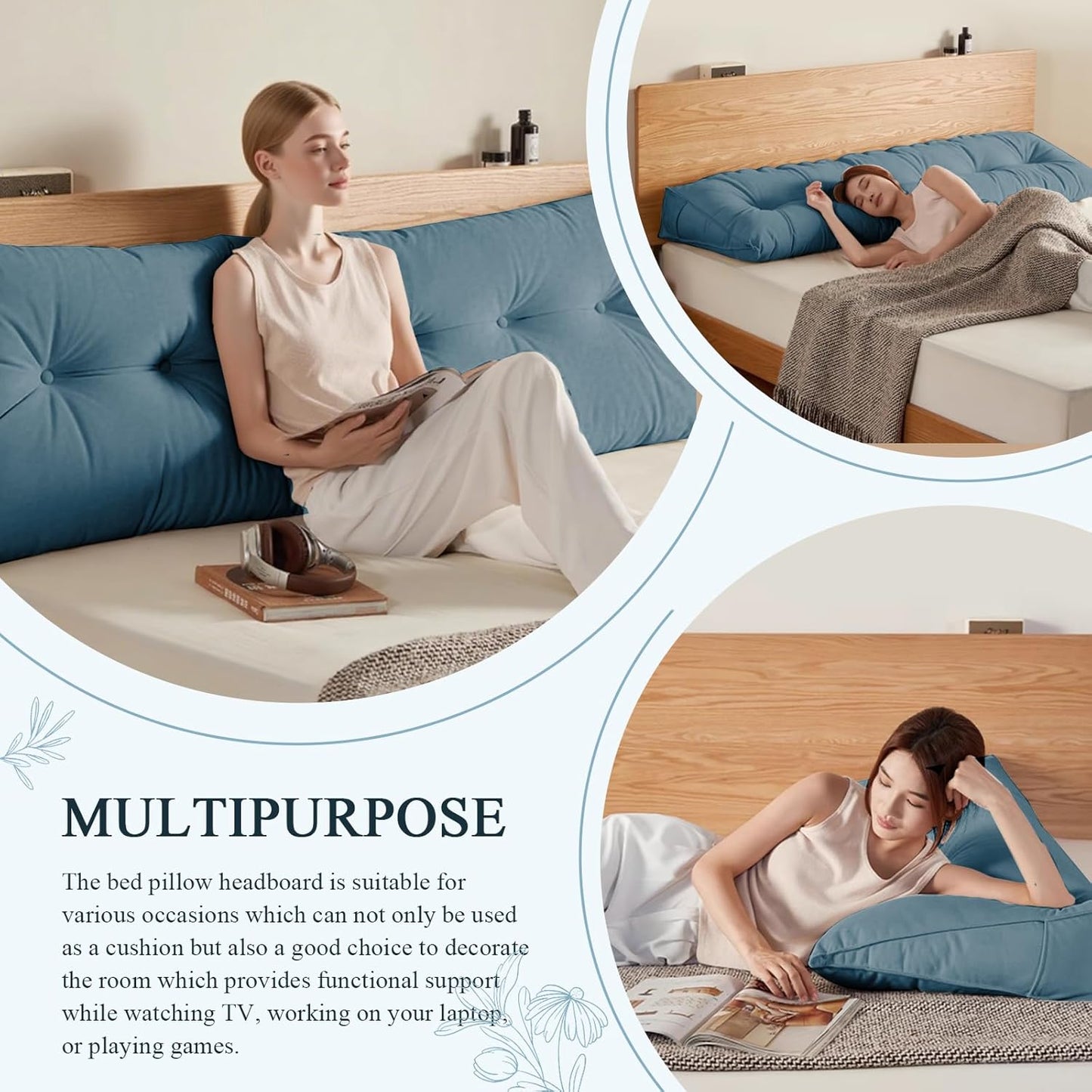 Headboard Pillow King, Large Triangular Wedge Headboard Pillow for Reading and Resting, Backrest Positioning Support Pillow with Removable Cover (Light Blue)