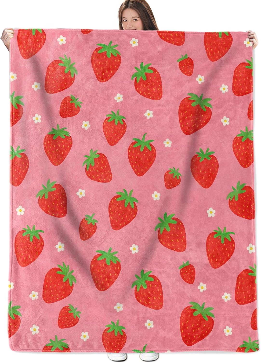 ZNHP Cute Strawberry Blanket, Fruit Pattern Flannel Throw, Soft Cozy Lightweight Throws Blankets for Women Kids Girls, Cartoon Playful Home Decor for Sofa Couch Bedroom Home, 60x50 Inch
