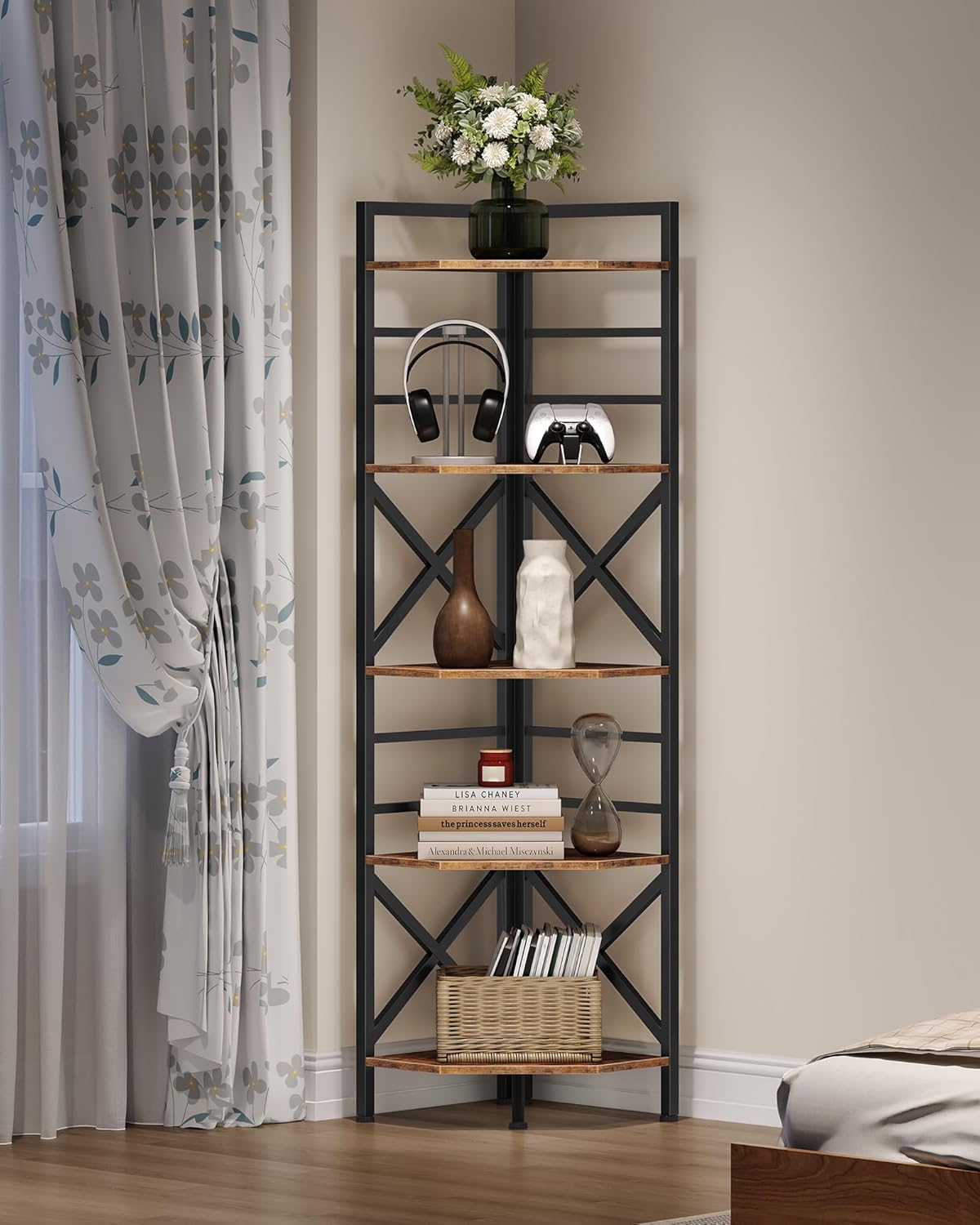 69.3" Corner Shelf 5-Tier, Large Corner Shelving, Freestanding Storage Stand for Bedroom, Living Room, Kitchen, Industrial Engineered Wood Bookshelf Organizer, Rustic Brown and Black TCJ15BF