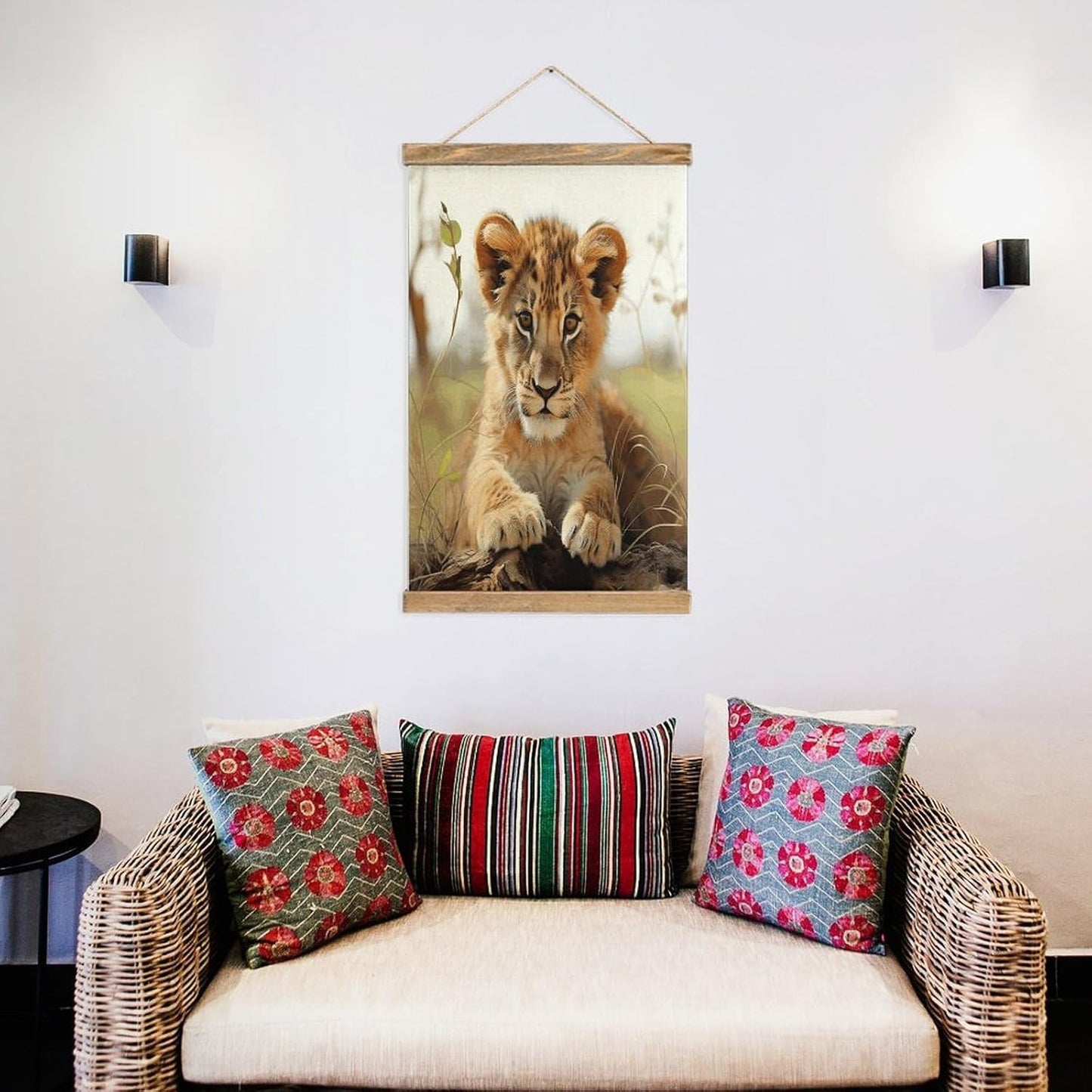 Vintage Cute Little Animal Lion Poster with Wooden Frame Personalized Linen Hanging Scroll Painting Rustic Wall Hanging Illustrative Modern Artwork Decor for Home Living Room Bedroom Office