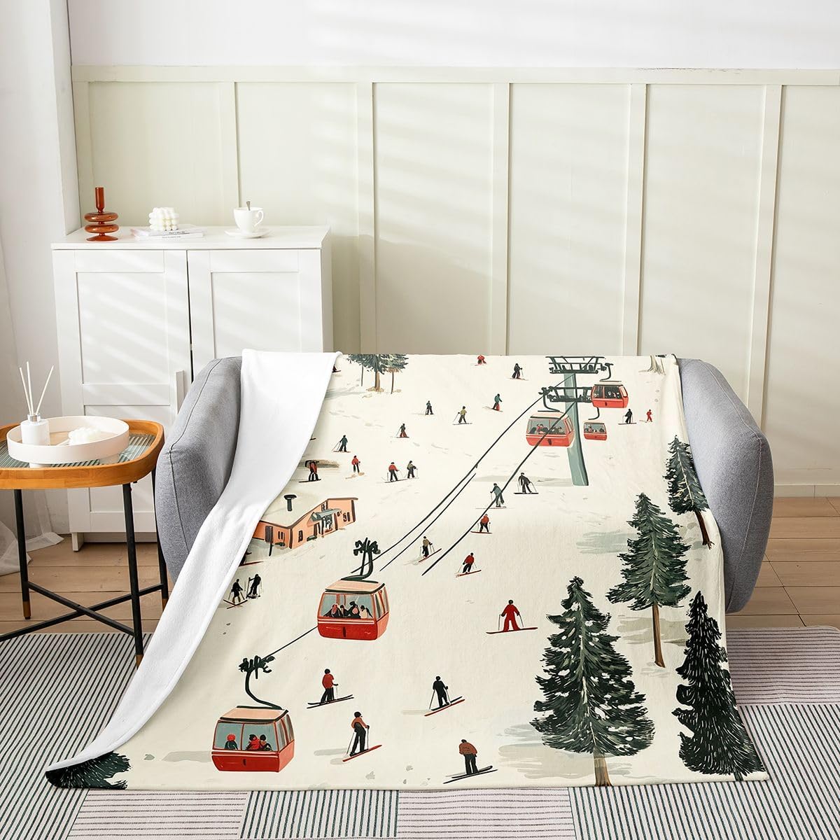 Castle Fairy Skiing Throw Blanket Throw 50x60 Cartoon Cable Car Green Pine Trees Fleece Blanket for Kids Teens Adults Winter Sports Ski Skis Flannel Blanket for Living Room Couch