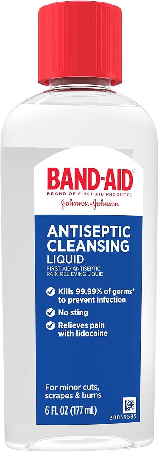 Band-Aid Brand Antiseptic Cleansing Liquid, First Aid Antiseptic Wash Relieves Pain & Kills Germs, with Benzalkonium Cl Wound Antiseptic & Lidocaine HCl Topical Analgesic, 6 fl. oz