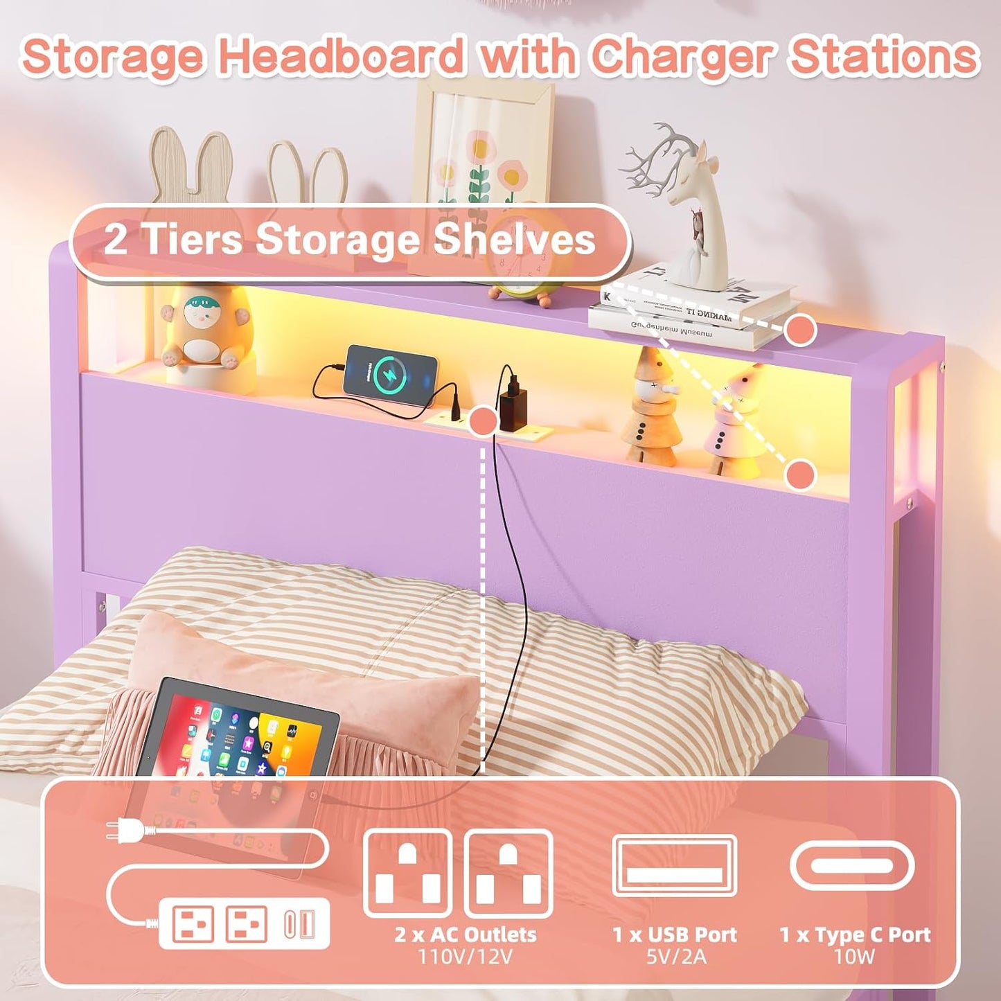 Weehom Twin Bed Frames with 2 Tiers Wood Storage Shelves Headboard, Twin Size Bed with Charger Stations and LED Light Under Bed Storage Space Platform Bed for Kids, Girls and Adults, Purple