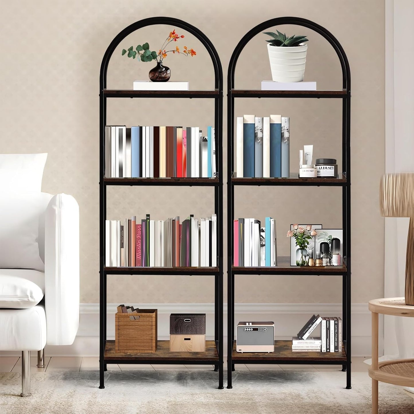 Garvee Arched Bookshelf 4 Tier,Arched Display Racks,Tall Standing Bookshelves with Metal Frame,Modern Open Storage Shelf Display Rack for Bedroom, Living Room, Home Office
