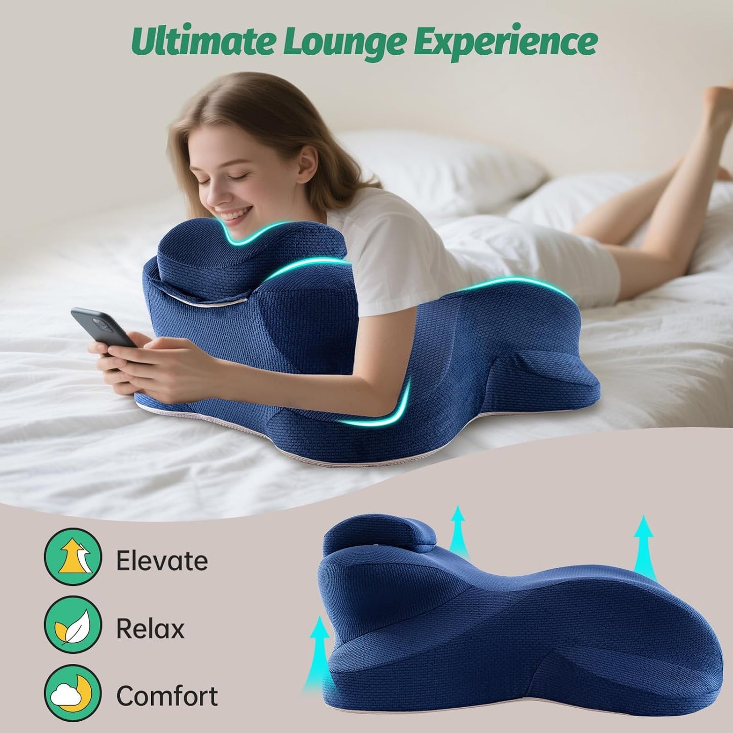 King Size Wedge Pillow for Firm Support, Ergonomic Memory Foam Prone Pillow for Reading & Stomach Sleeping, Back/Leg Relief with Removable Head Rest, Washable Cover