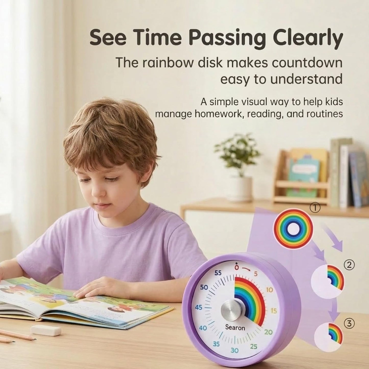 Searon Visual Timer for Kids with Magnet, Quiet 60 Minute Countdown Timer with Rainbow Disk, Sound or Silent LED Alert, for Homework, Reading, Study Time, Kitchen & Small Spaces (Purple)