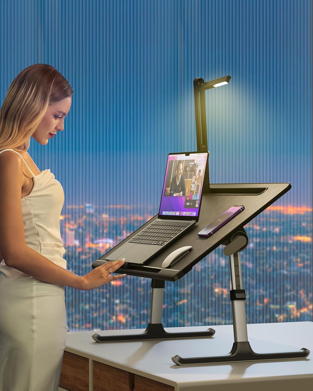 Laptop Bed Tray Desk with LED Desk Light, SAIJI Adjustable Laptop Stand for Bed, XX-Large PVC Leather Foldable Table with Book Stand,Wrist Rest, Extra Leg Room(Black)