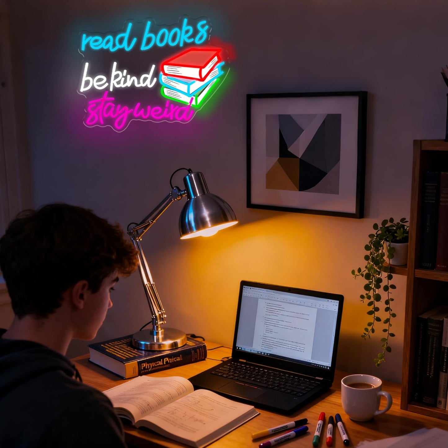 Read Books Be Kind Stay Weird Neon Sign Dimmable LED USB Powered Neon Light UP for Classroom Wall Decor Art Positive Bedroom Library Study Room Home for Student Kid Teen Birthday Party Christmas Backdrop Decoration Gift (Reaing Books)