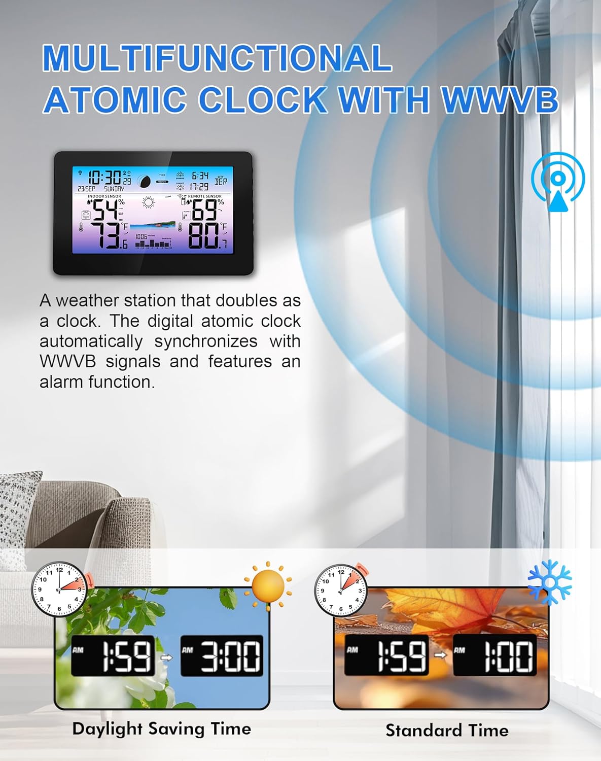 Weather Station Wireless Indoor Outdoor, Digital Thermometer for Home, Large Color HD Display with Remote Sensor, Weather Forecast, Atomic Clock, Moon Phase