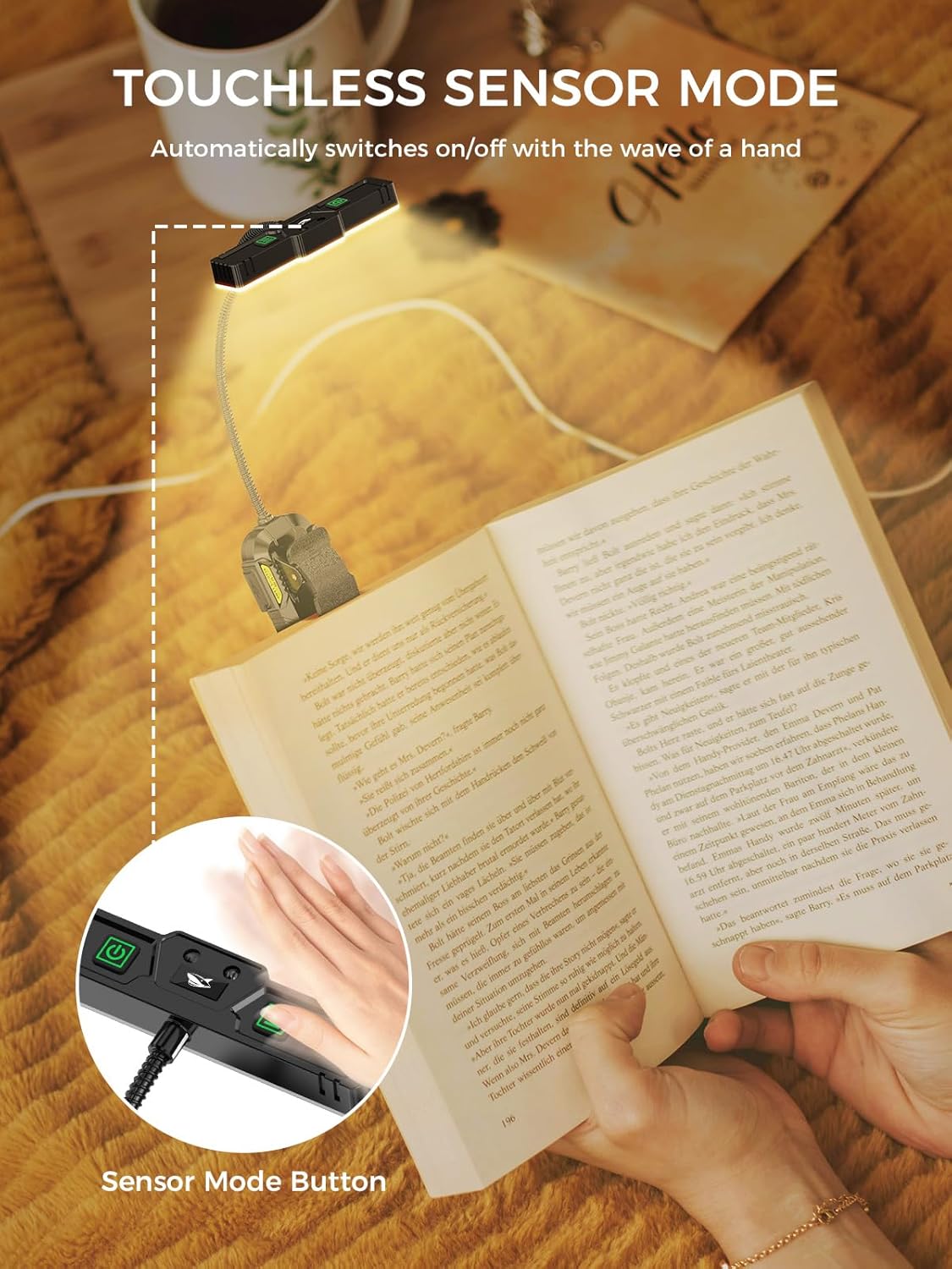 Smiling Shark Reading Lamp, 1200 mAh Rechargeable LED Books Light Motion Sensor 3 Color Temperature 6 Lighting Mode Portable Eyes Caring Clip On Reading Light with Adjustable Goose Neck for Book Study