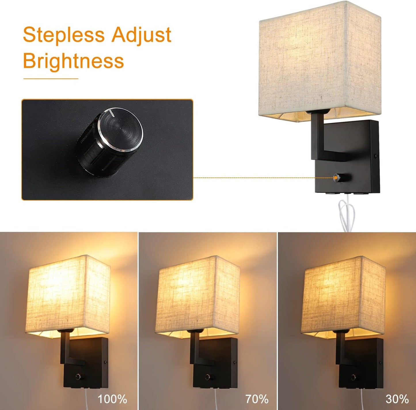 Bedside Wall Mount Light with Dimmer Switch and Two USB Charging Port, Fabric Linen Shade Wall Sconces Light with Plug in Cord, Black Wall Lamp Perfect for Bedroom, Living Room and Hotel