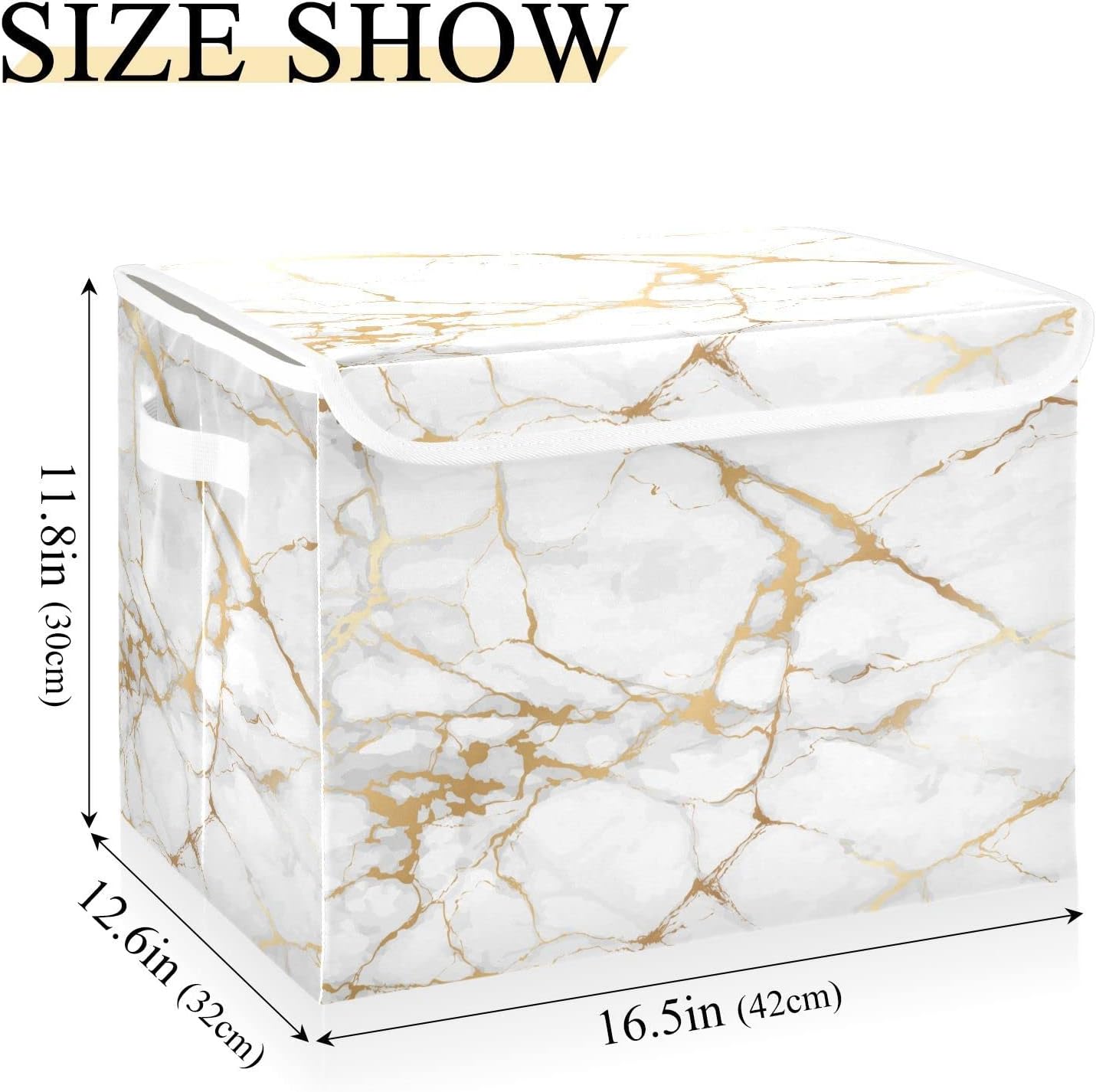 Storage Bin with Lid Gold Geometric Marble White Golden Edge Foldable Storage Box Washable Fabric Storage Cubes Bin Organizer Basket Closet for Home Bedroom Closet Nursery Office