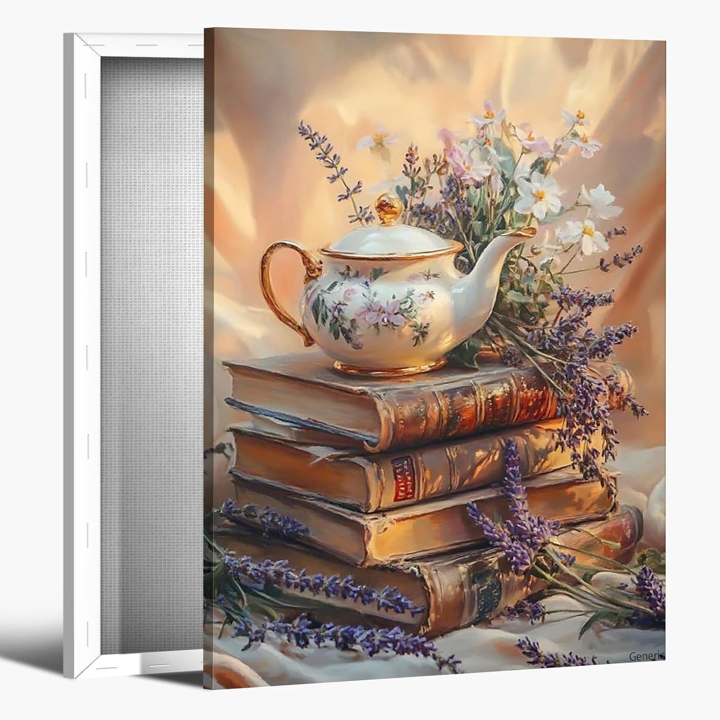 Pastel Floral Teapot and Books Canvas Print Vintage Reading Nook Wall Art Aesthetic Poster for Office Bedroom Living Room Gallery Wall Decor Framed 8x10inch