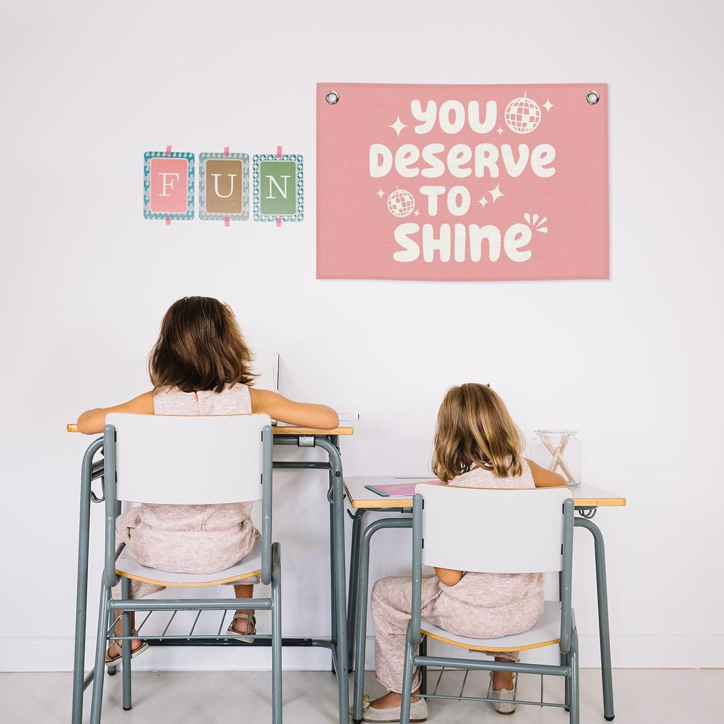 Pink Girls Kids Banner Canvas, Preppy Girly Toddler Room Decor, Inspirational You Deserve to Shine Hanging Flag Sign, Nursery Wall Tapestry Art for Baby Shower Playroom Bedroom Decor 20x30in