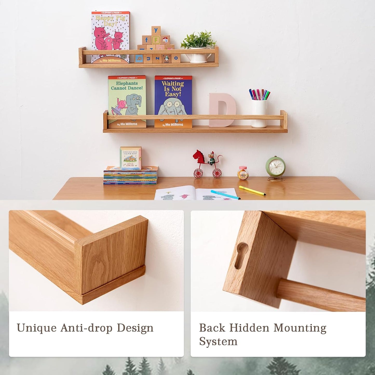 Oak Floating Shelves 24 Inch Nursery Shelves, Nursery Book Shelves Floating Bookshelves Wall Mounted Shelves for Books, Toys and Decor Storage