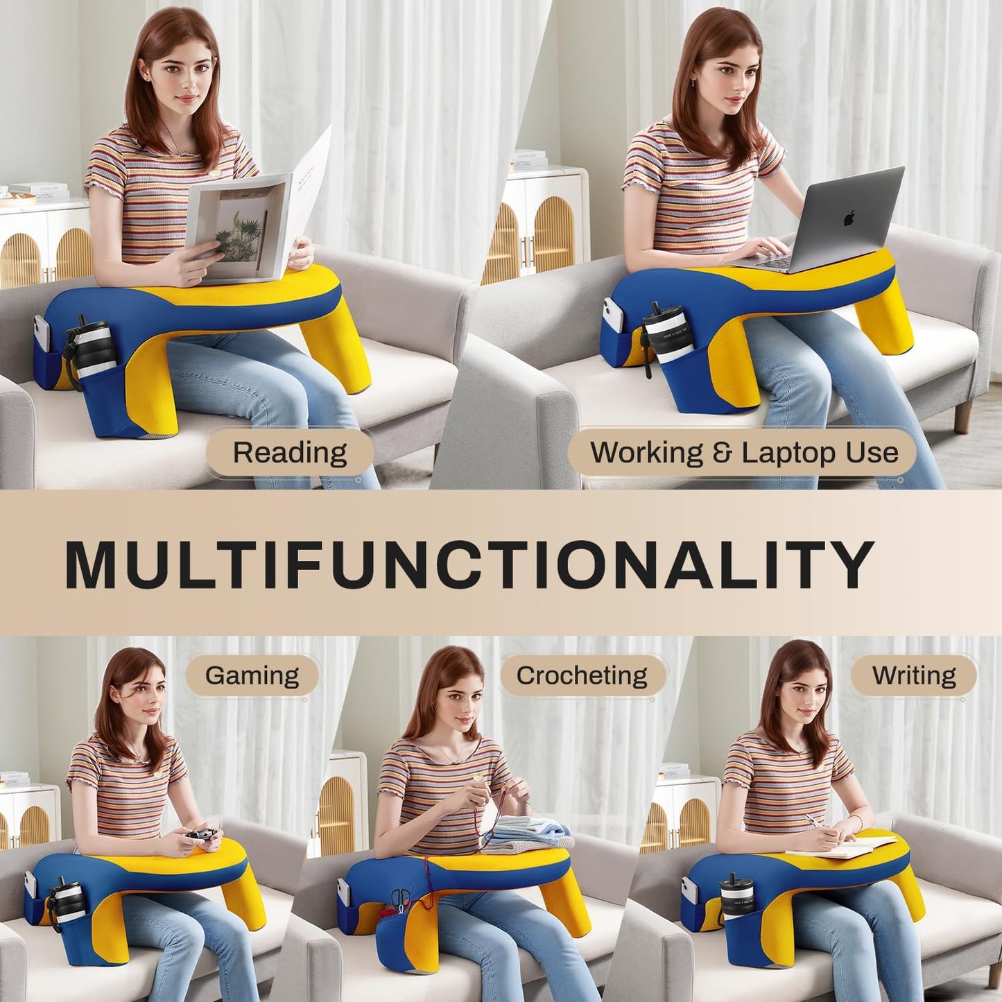 Reading Pillow, Gaming Pillow for Lap, Bed Desk for Laptop and Writing, Memory Foam Lap Desk for Reading, Working, Playing Steam Deck Switch or Sitting in Bed, Floor Sofa- Yellow