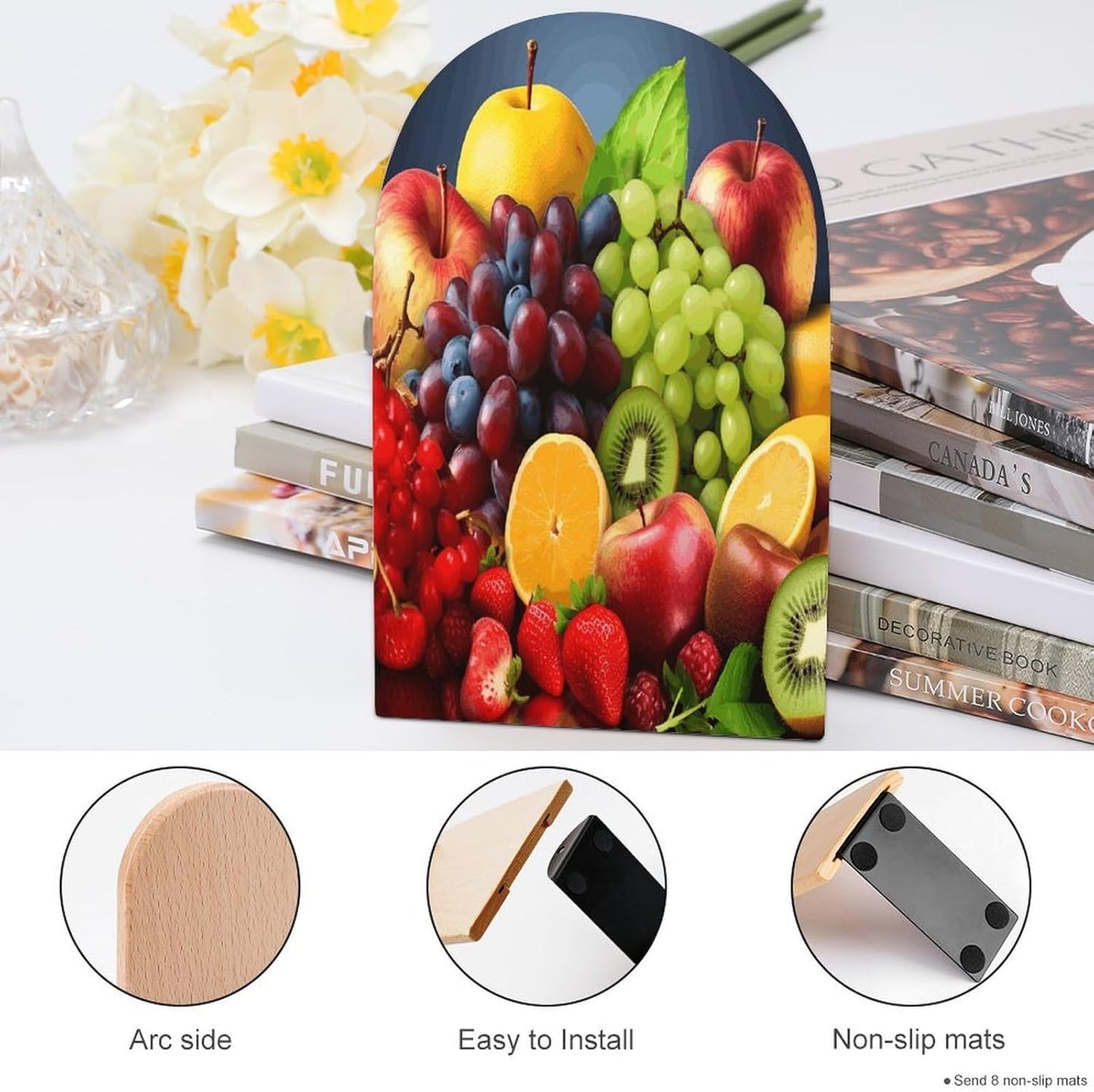 Fruits Bookend for Shelves Wooden Book End Large Size Sturdy Book Holders Stoppers with Metal Base for Bookshelves Slick Decorative Bookends Stands