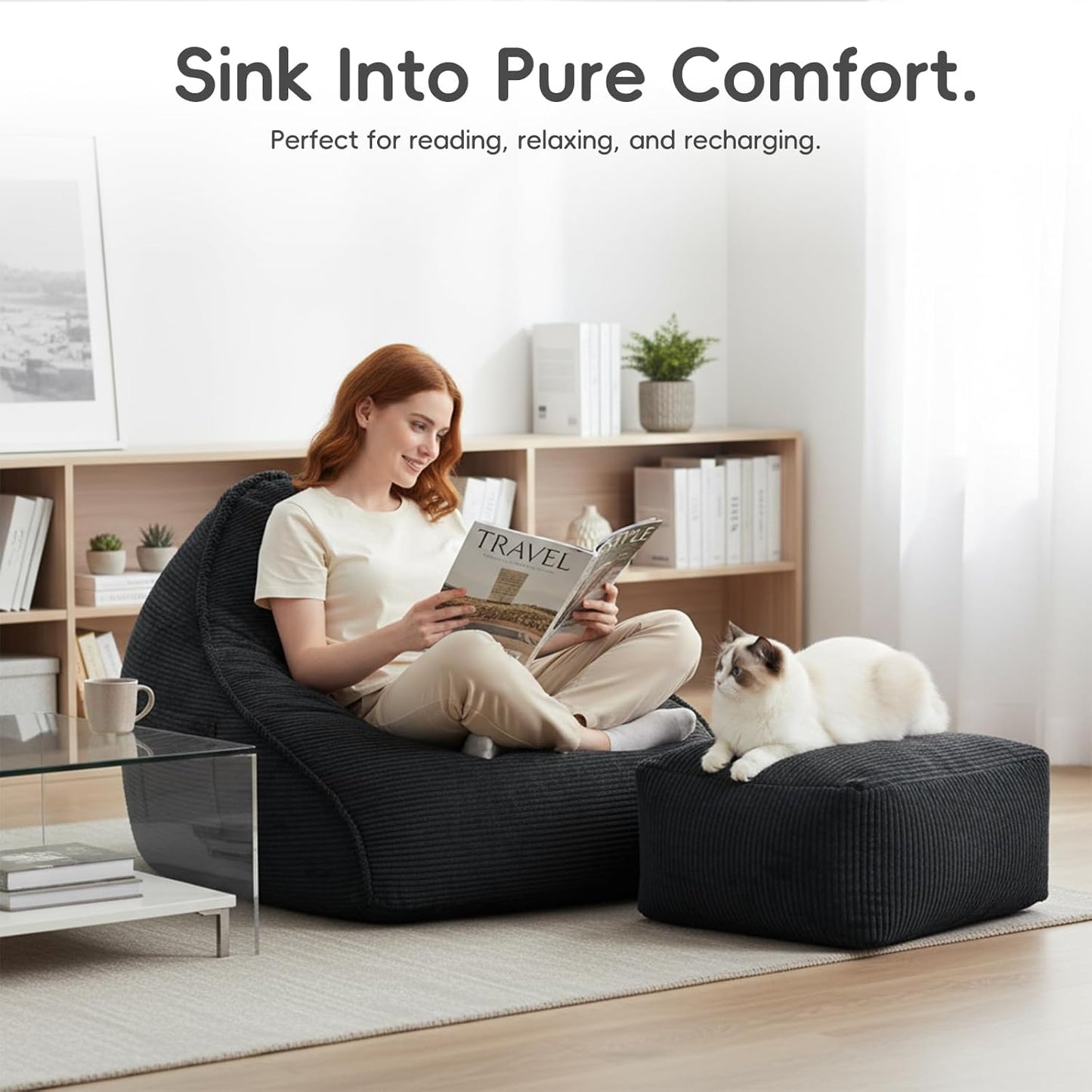 Bean Bag Chair with Ottoman for Adults, Large Corduroy Bean Bag Couch, Boneless Chaise Lounge Reading Chair with High-Resilience Foam, Floor Lounger for Bedroom Living Room (Black)