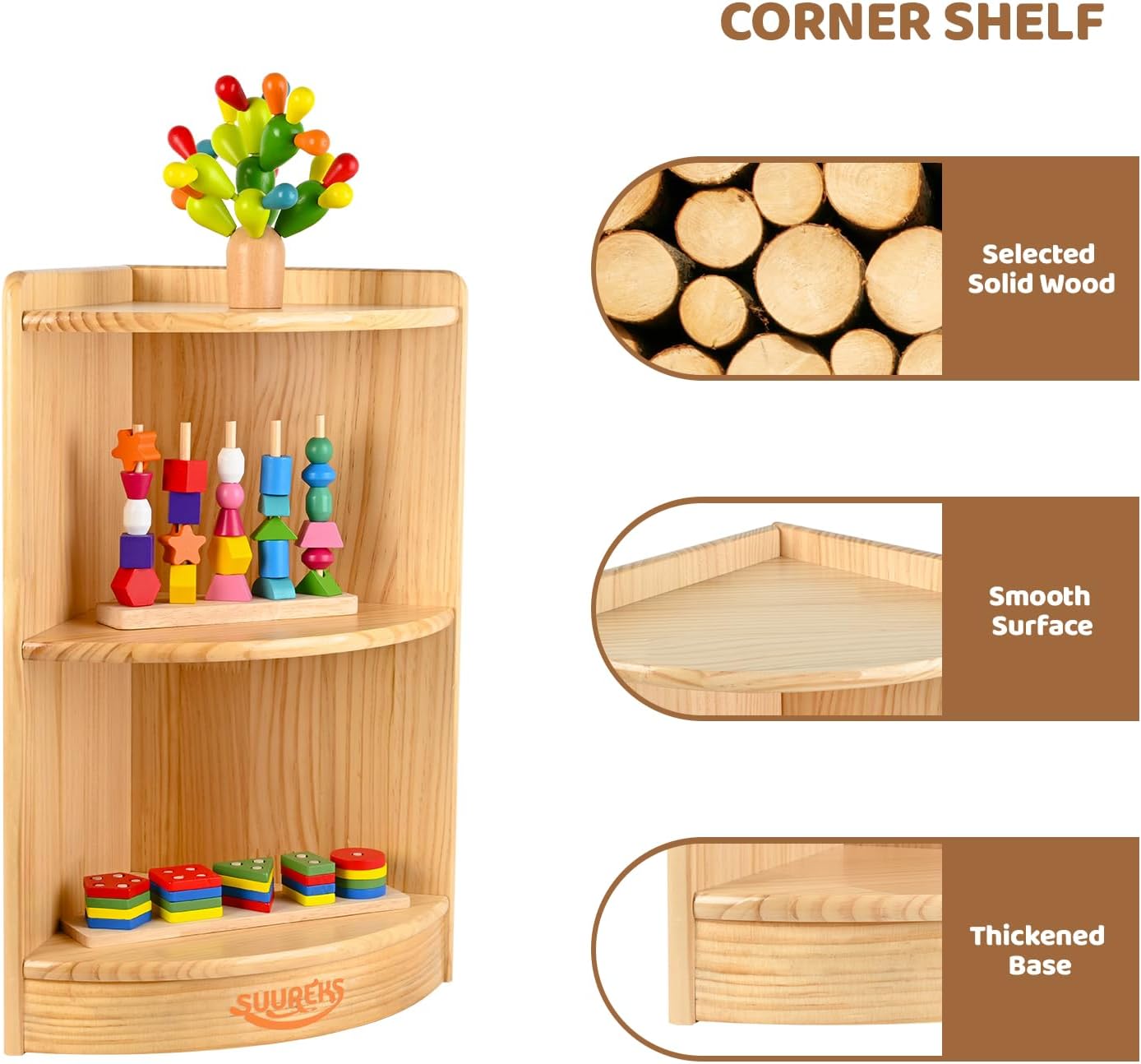 Corner Cabinet, 2-Tier Montessori Shelf, Kids Toy Shelf & Wooden Bookshelf, Book Shelf for Kids Rooms, Nursery, Classroom, Kindergarten (23-5/8"*11-1/5"*11-4/5")