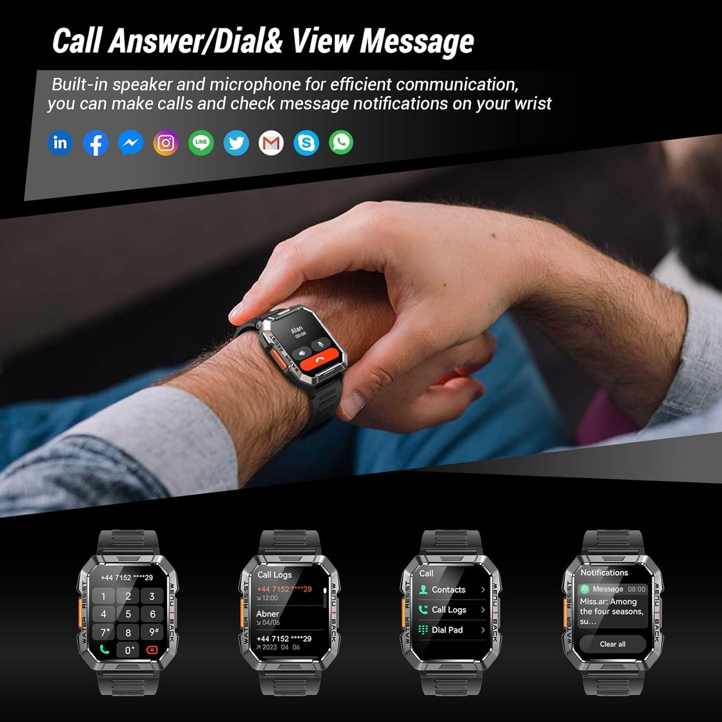 Military Smart Watch for Men (Answer/Make Calls), 2.01'' Smart Watch for Android and iPhone, Fitness Tracker with Flashlight/Compass/100 Days Battery/Heart Rate/Sleep/100+ Sport Modes(2 Straps)
