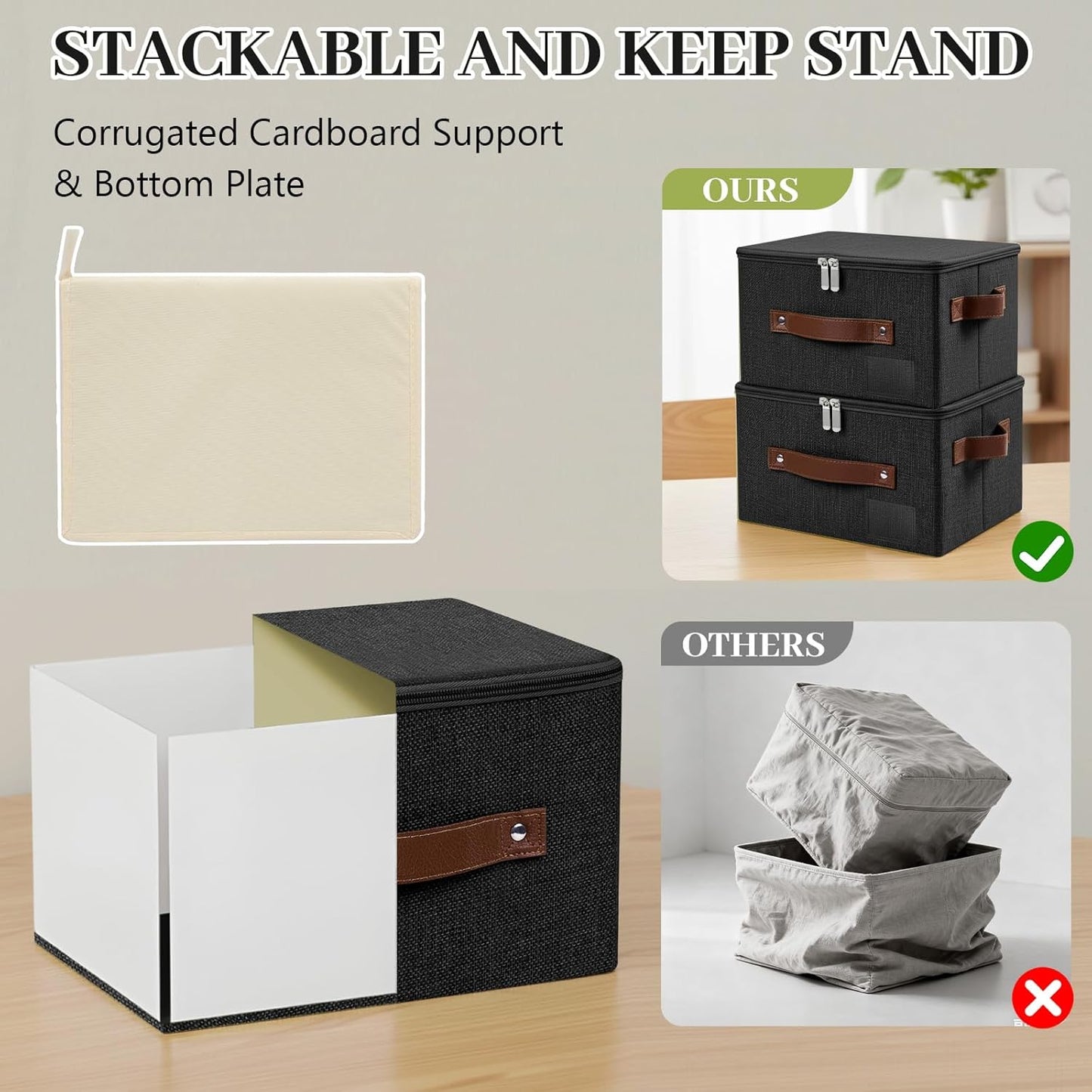 Lucky Monet 3PCS Storage Bins with Zipper Lids 17.7"x13.8" x10" Foldable Lidded Fabric Storage Boxes Cotton Linen Closet Shelf Clothes Organizer with Handles & Label Pocket (Black, Extra Large)