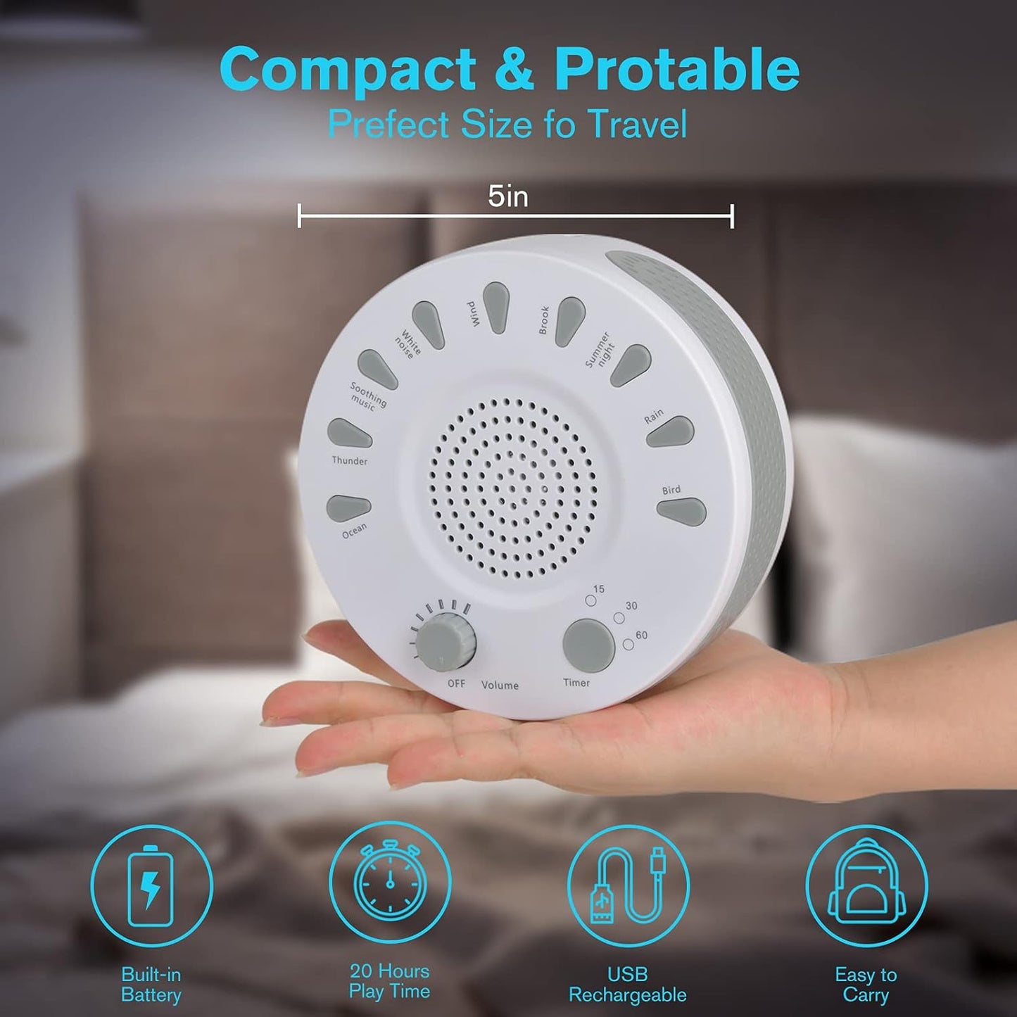 ORANGEHOME Portable White Noise Machine for Adults, Baby & Office Privacy - Sleep Sound Therapy with 9 Natural Soothing Sounds, 3 Timers, 32 Volume Levels, Battery Powered for Travel, Home, Nursery