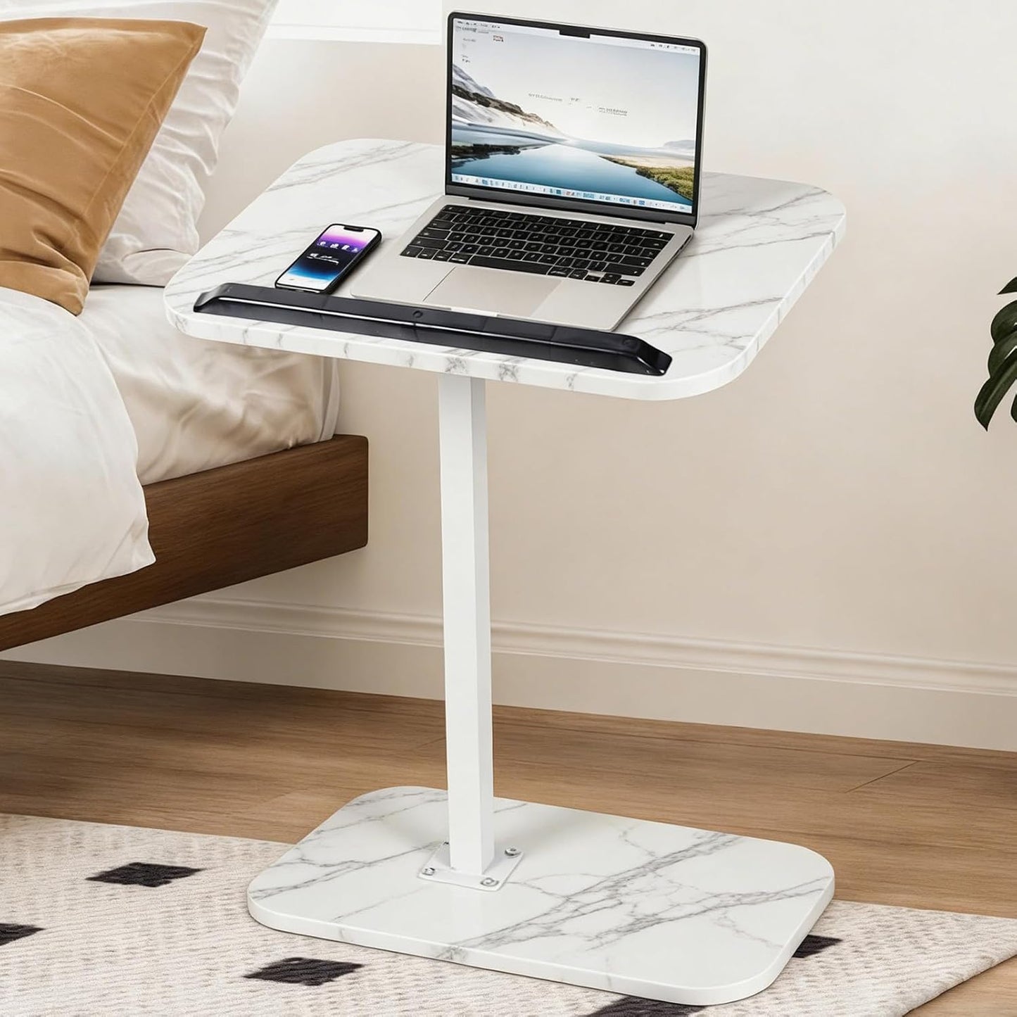 ShellKingdom Sofa Armrest Tray Table, C Shaped End Table for Small Spaces, Adjustable Height Small Side Table for Living Room, Bedroom, Home, Office (White Marble)
