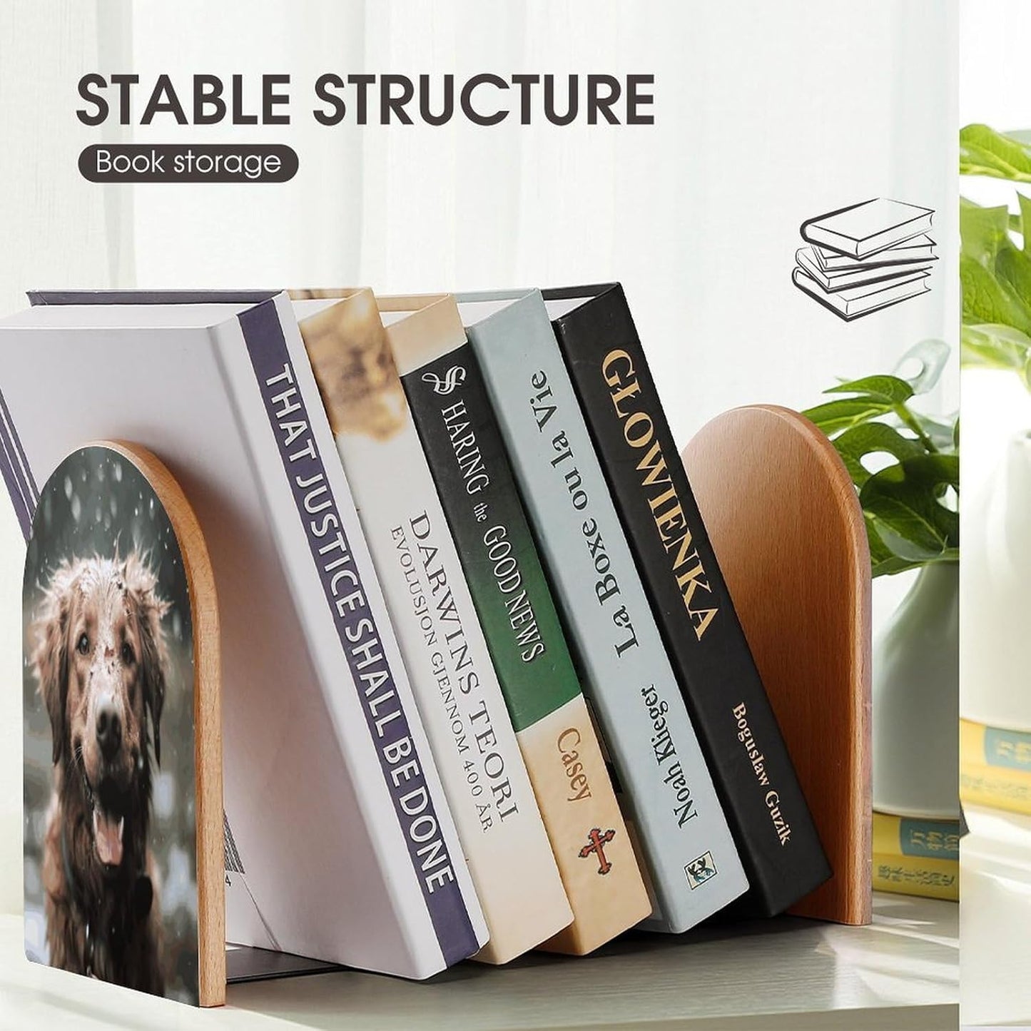 Non-Slip Bookend for Shelves Happy Dog in Rain Wooden Bookends with Metal Base Decorative Book Stopper for Home Heavy Duty Wood Book Storage for Books/CDs