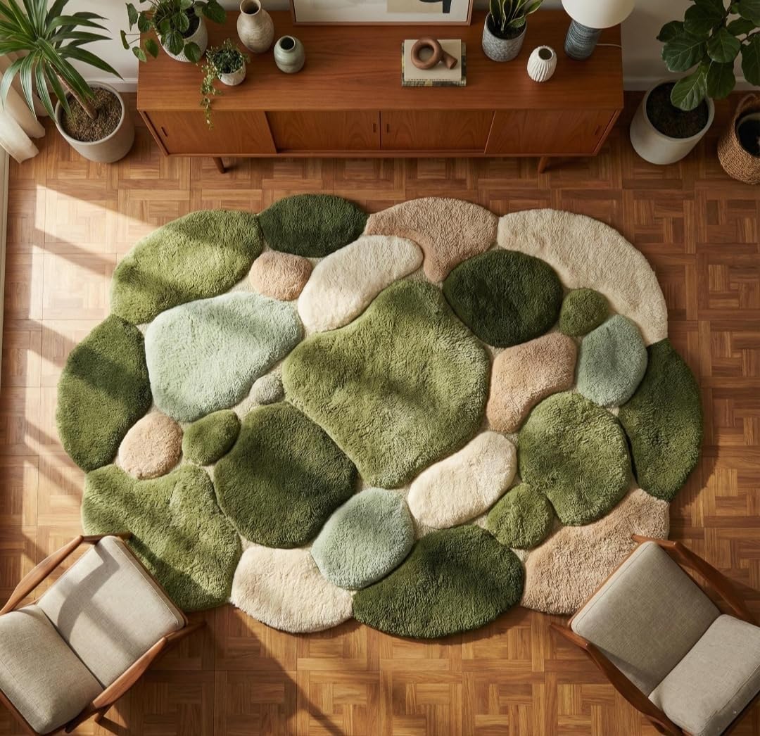 3D Pebble Stone Area Rug, Green Beige and Blush, Fluffy Tufted, Irregular Shape, Living Room Decor (Green with Olive Green, 10' x 14' Feet)