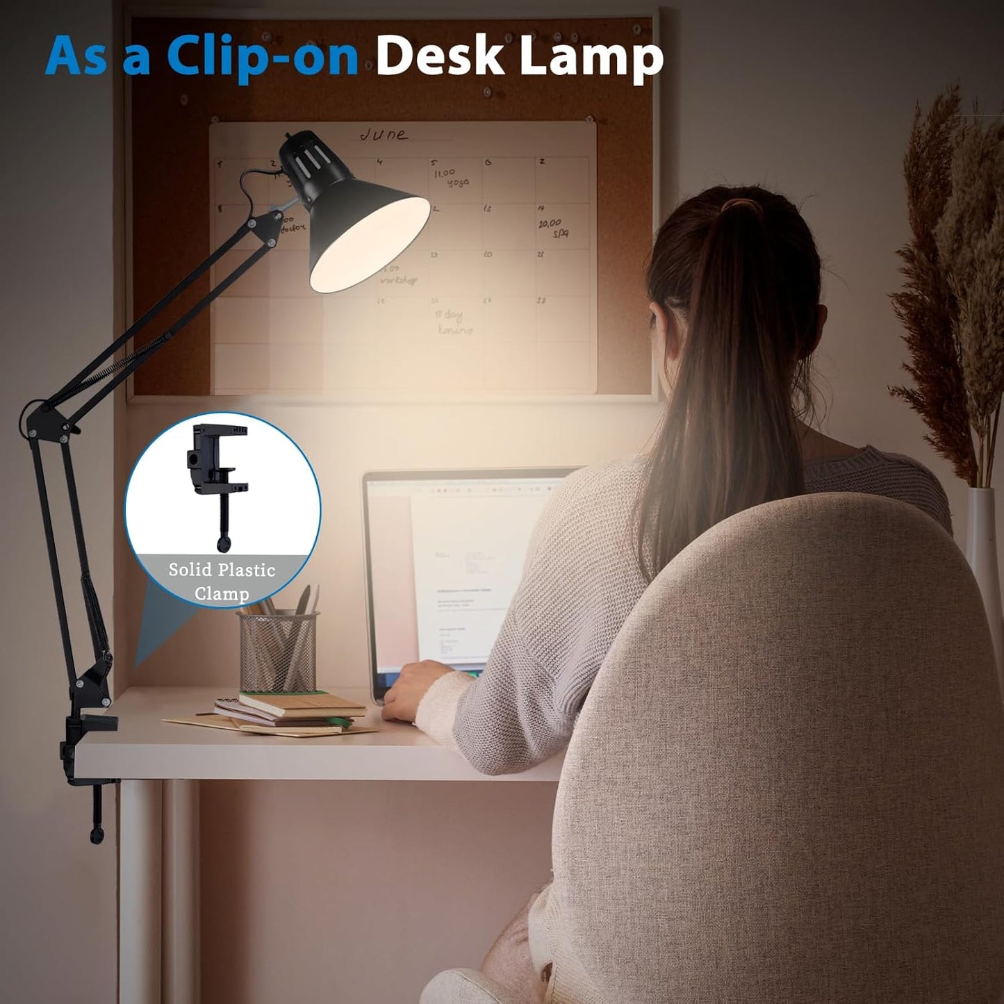 Swing Arm Desk Lamp for Home Office 360°Adjustable,Tall Metal Clamp on lamp with Bulb,Eye-Caring Clip on Desk Light for Computer Work Study Reading and Drafting