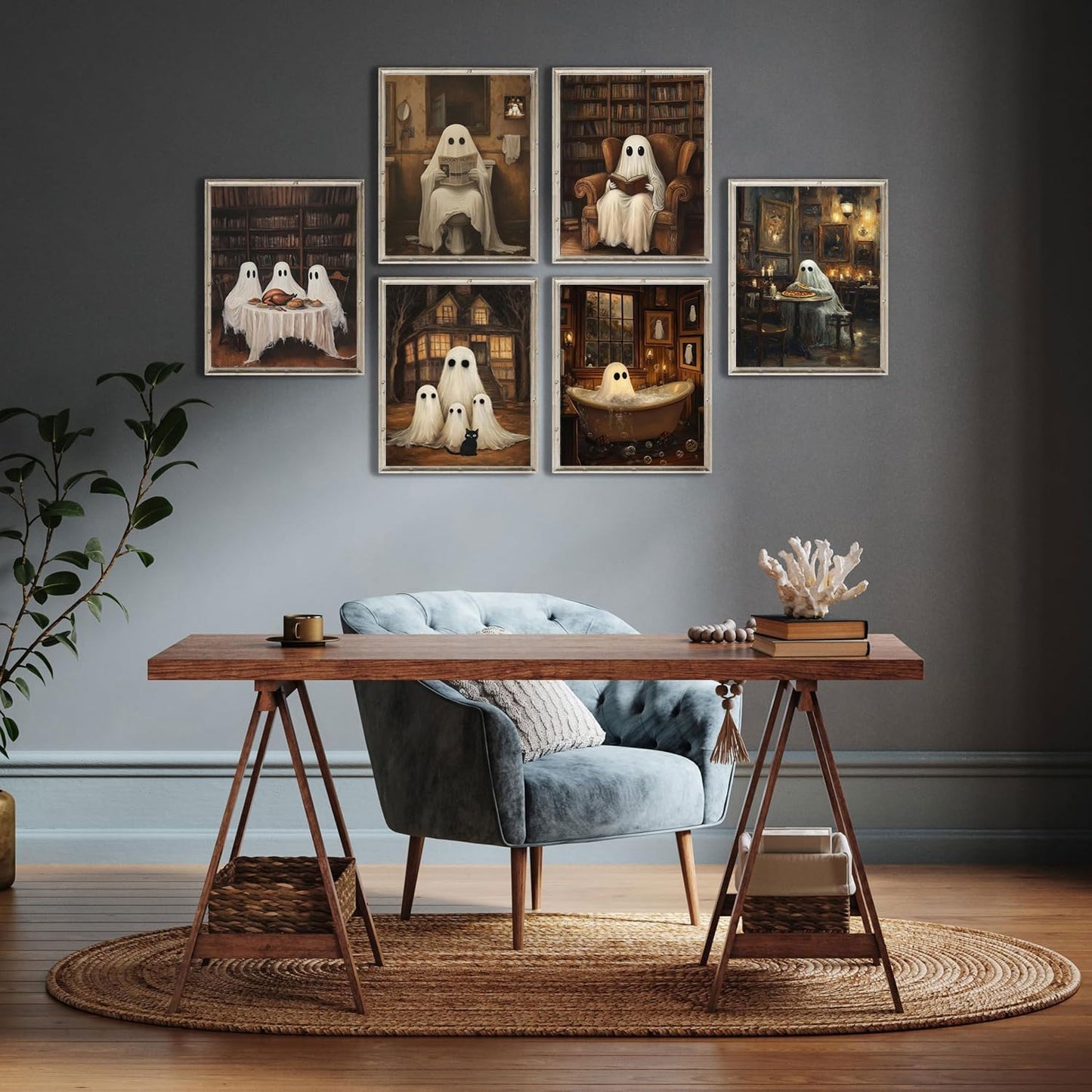 6Pcs Halloween Ghost Wall Art Gothic Ghost Scenes Reading Bathing Dining Wall decoration pictures Spooky Halloween Canvas Posters Prints for Bedroom Bathroom Home Decor Unframed (12inx16in Posters)