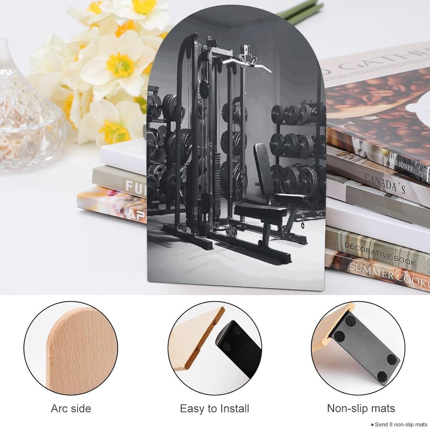 Gym Equipment Bookend for Shelves Wooden Book End Large Size Sturdy Book Holders Stoppers with Metal Base for Bookshelves Slick Decorative Bookends Stands