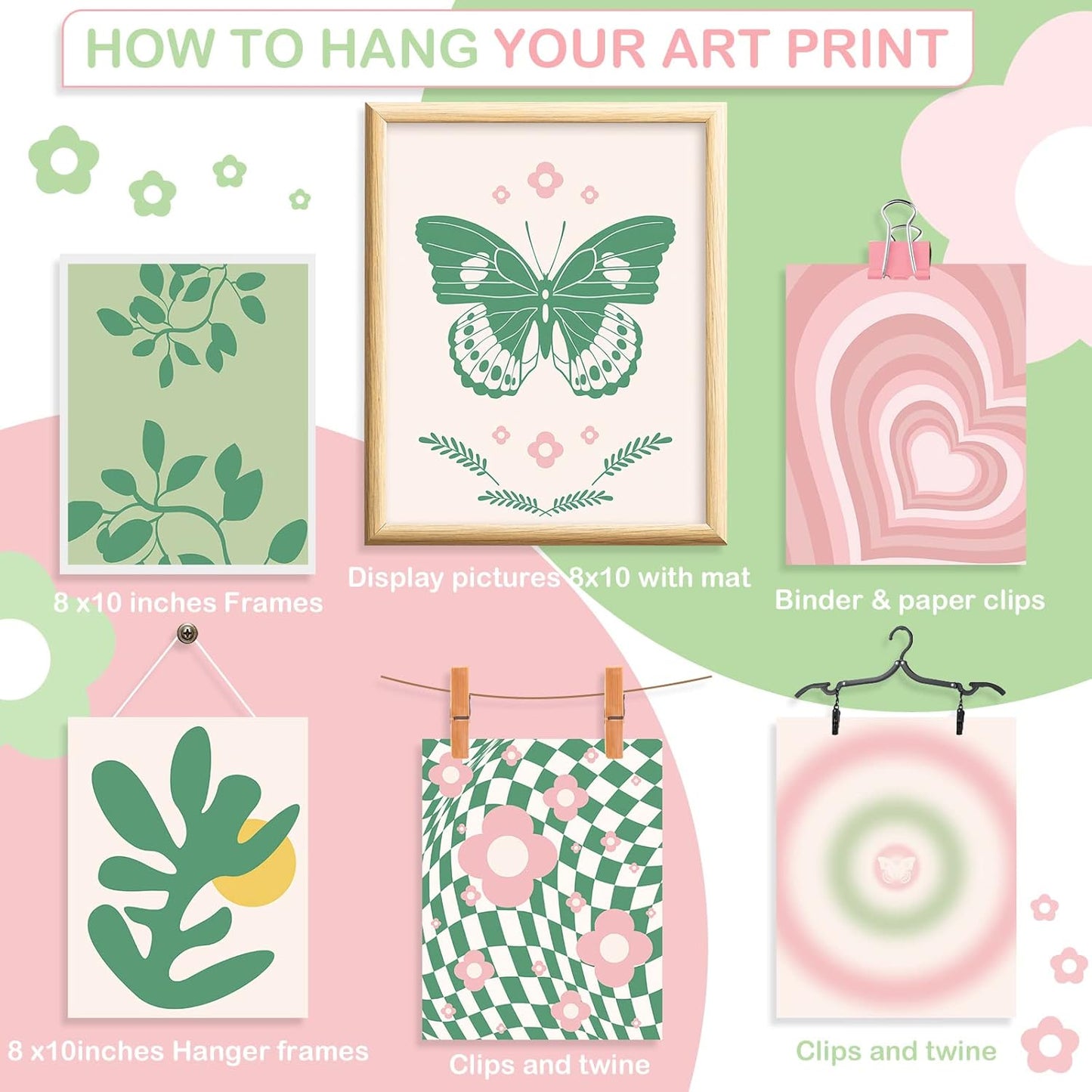 Fainne 9 Pieces Aesthetic Danish Pastel Room Decor Wall Decor Abstract Home Wall Art Decorations for Living Room Bedroom Decorations, 8 x 10 Inches Unframed (Green and Pink Style)